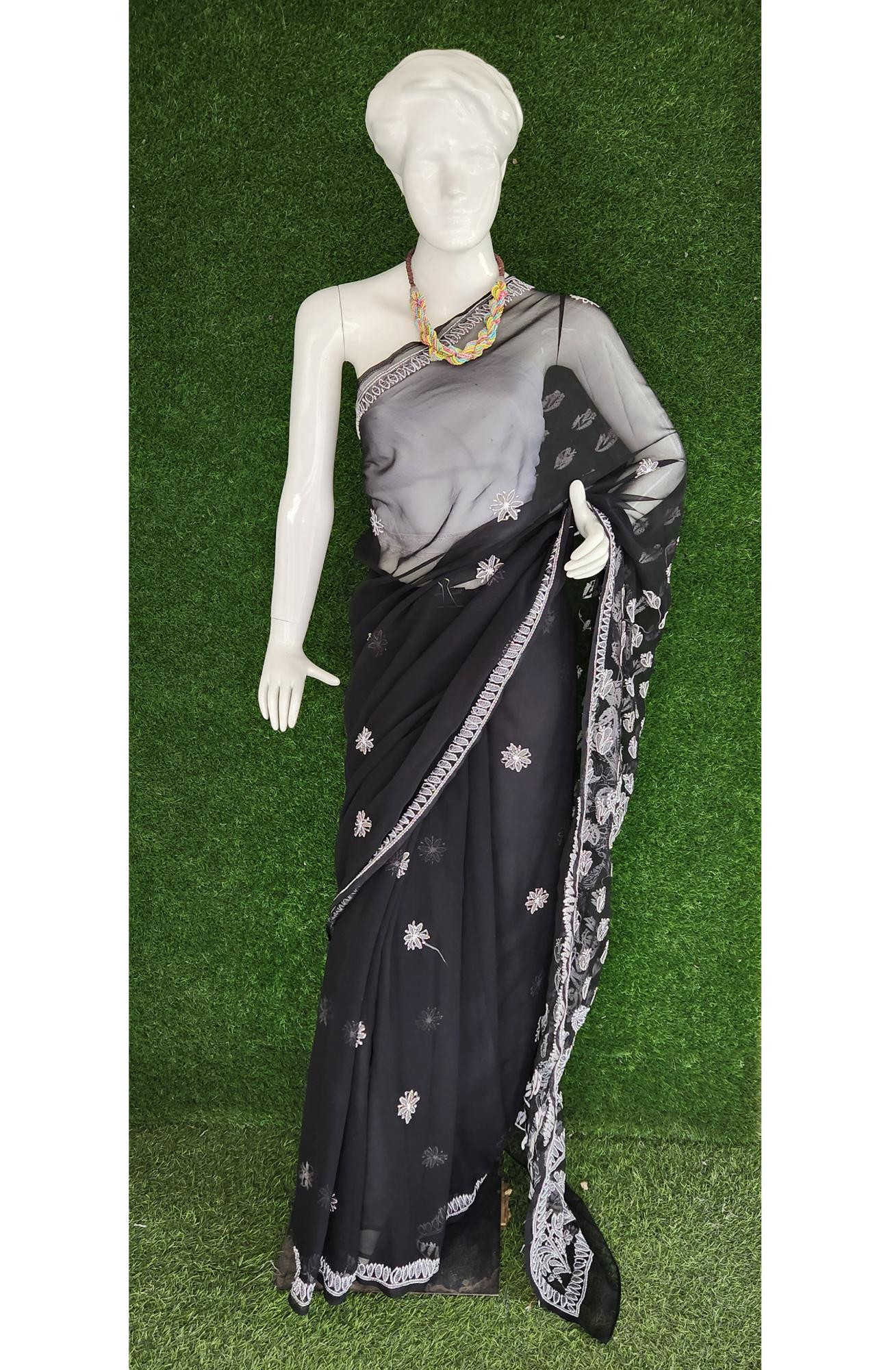 Black Faux Georgette Chikankari Saree