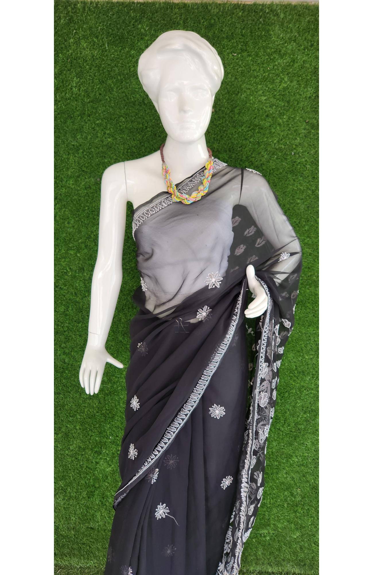 Black Faux Georgette Chikankari Saree