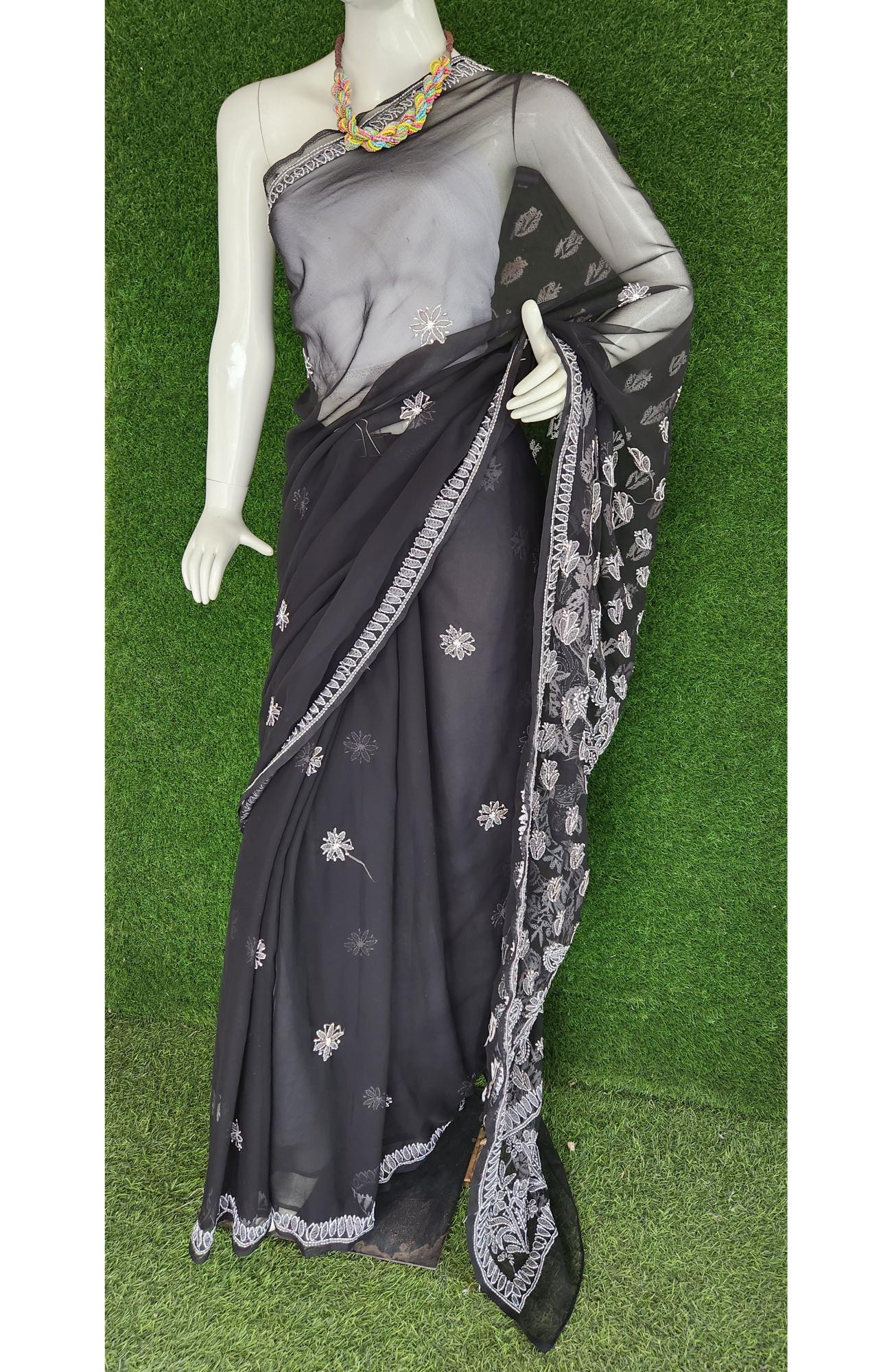 Black Faux Georgette Chikankari Saree