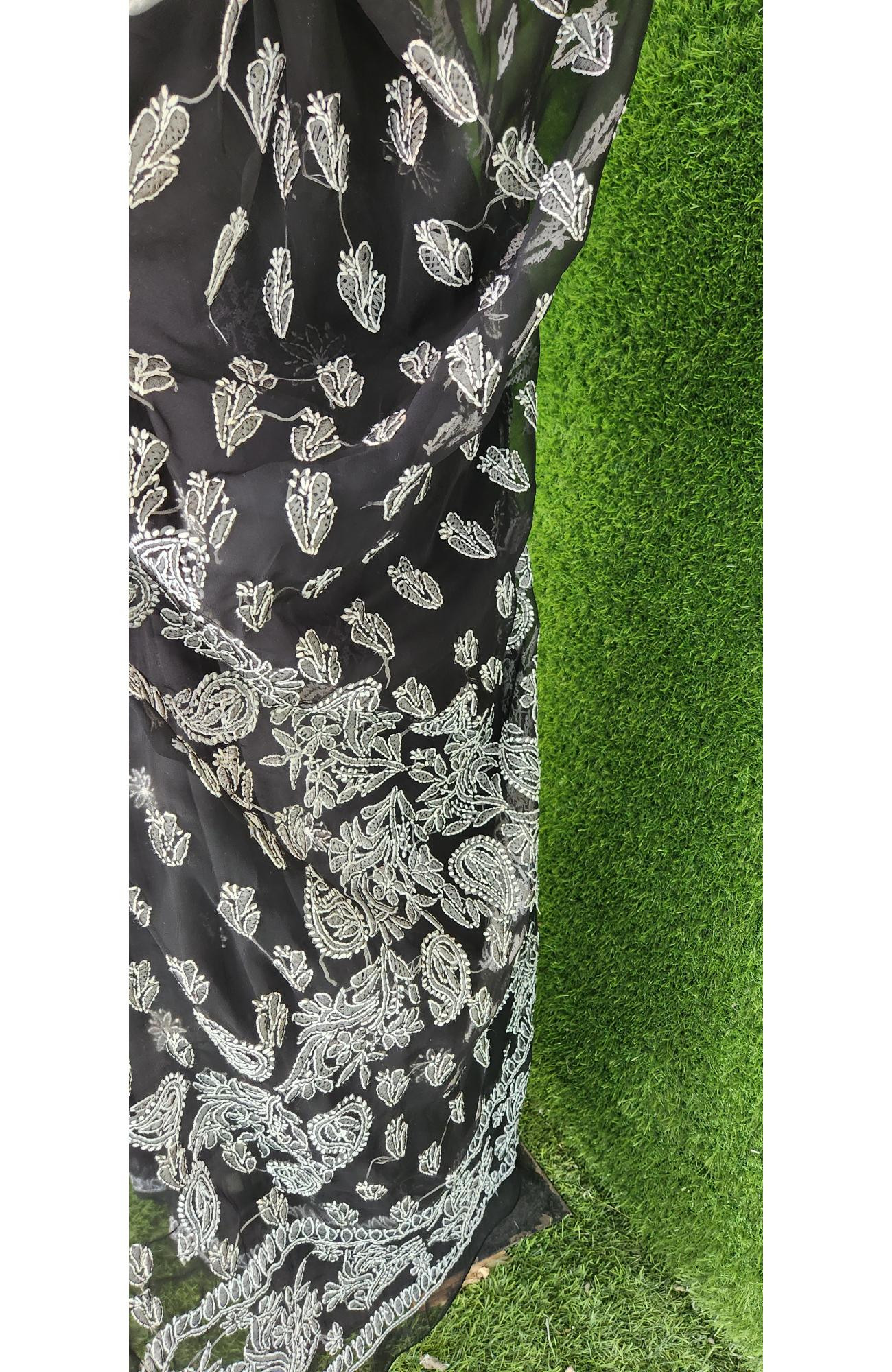 Black Faux Georgette Chikankari Saree