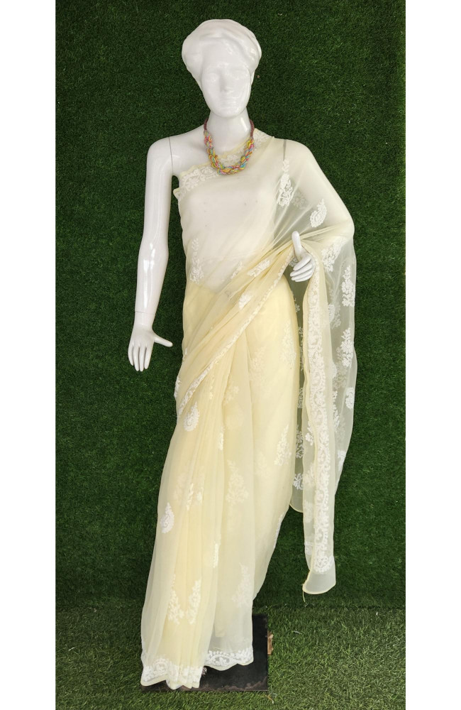 Image of Lemon Faux Georgette Handcrafted Lucknowi Chikankari Saree I Rohia By Chhangamal