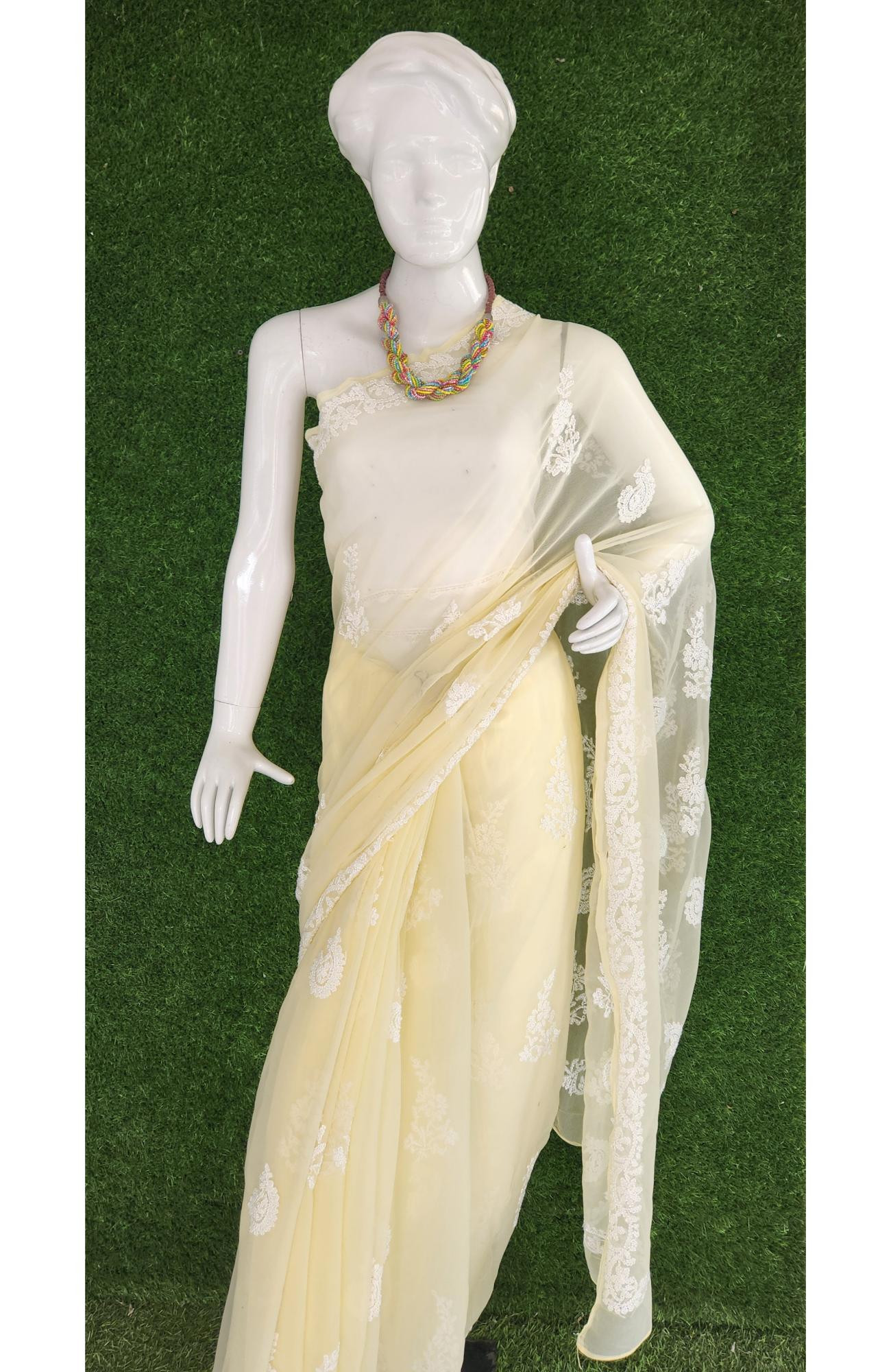 Lemon Faux Georgette Handcrafted Lucknowi Chikankari Saree I Rohia By Chhangamal