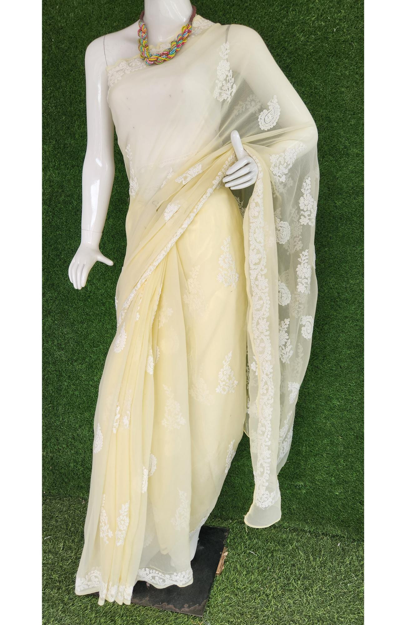 Lemon Faux Georgette Handcrafted Lucknowi Chikankari Saree I Rohia By Chhangamal