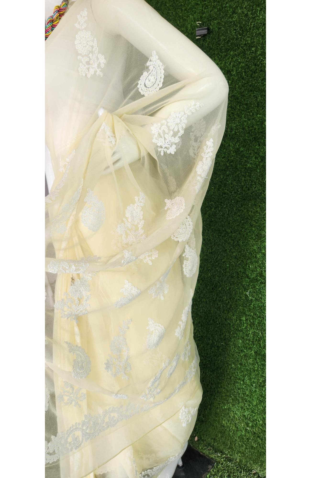 Lemon Faux Georgette Handcrafted Lucknowi Chikankari Saree I Rohia By Chhangamal