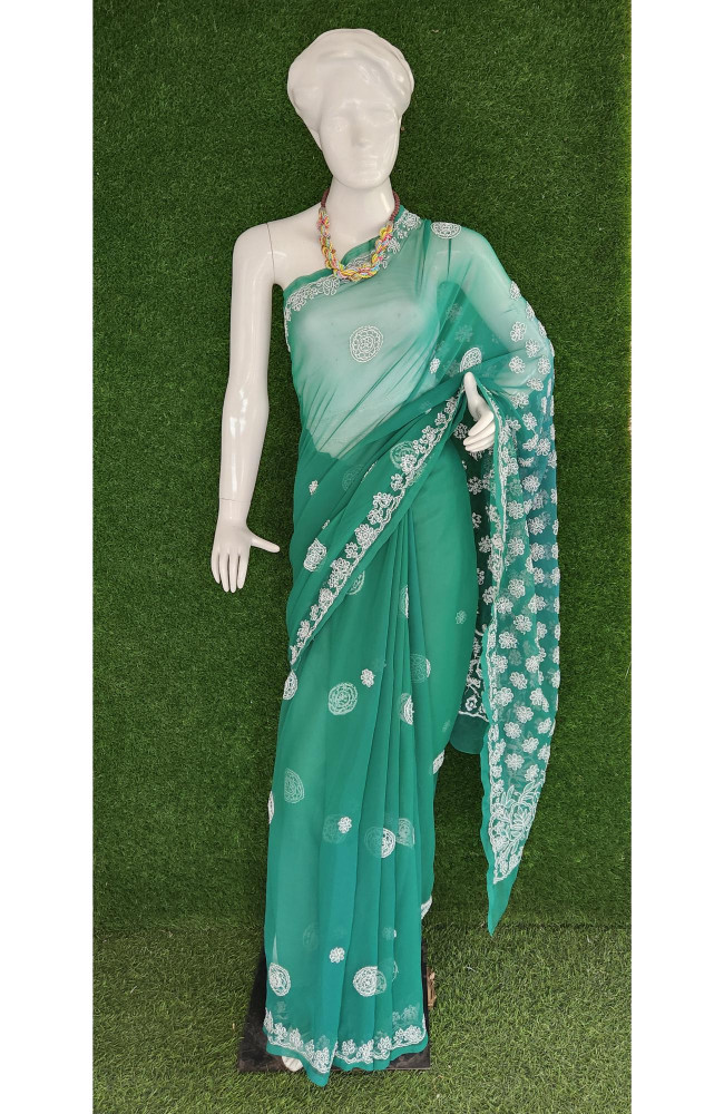 Image of Green Faux Georgette Handcrafted Lucknowi  Chikankari Saree I  Rohia By Chhangamal