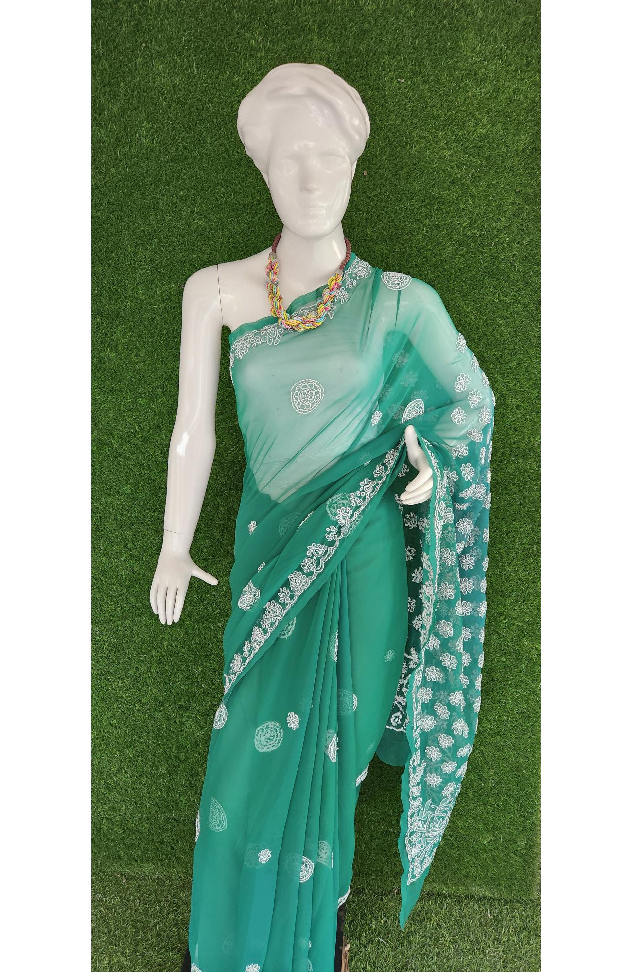Green Faux Georgette Handcrafted Lucknowi  Chikankari Saree I  Rohia By Chhangamal
