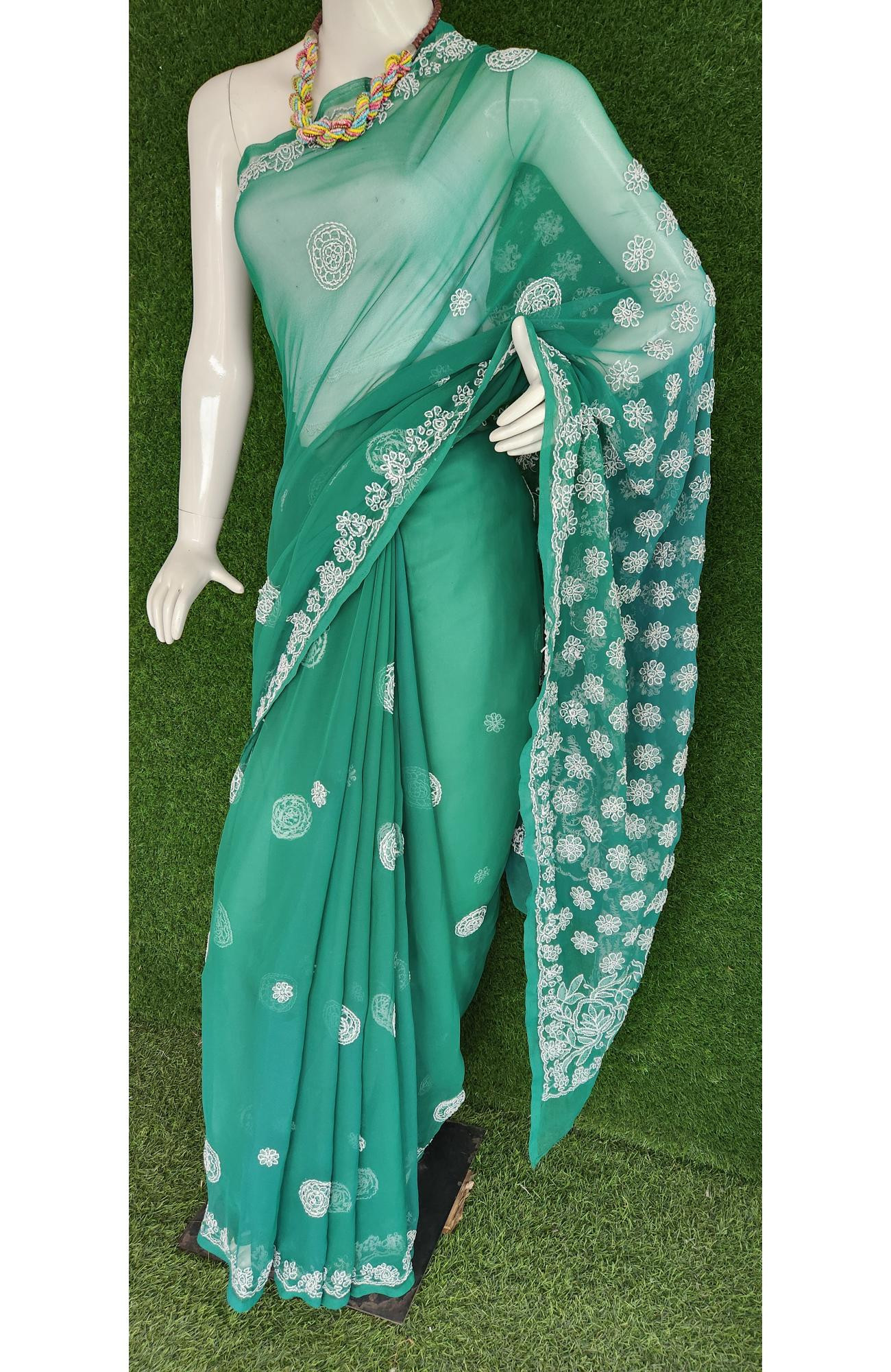 Green Faux Georgette Handcrafted Lucknowi  Chikankari Saree I  Rohia By Chhangamal