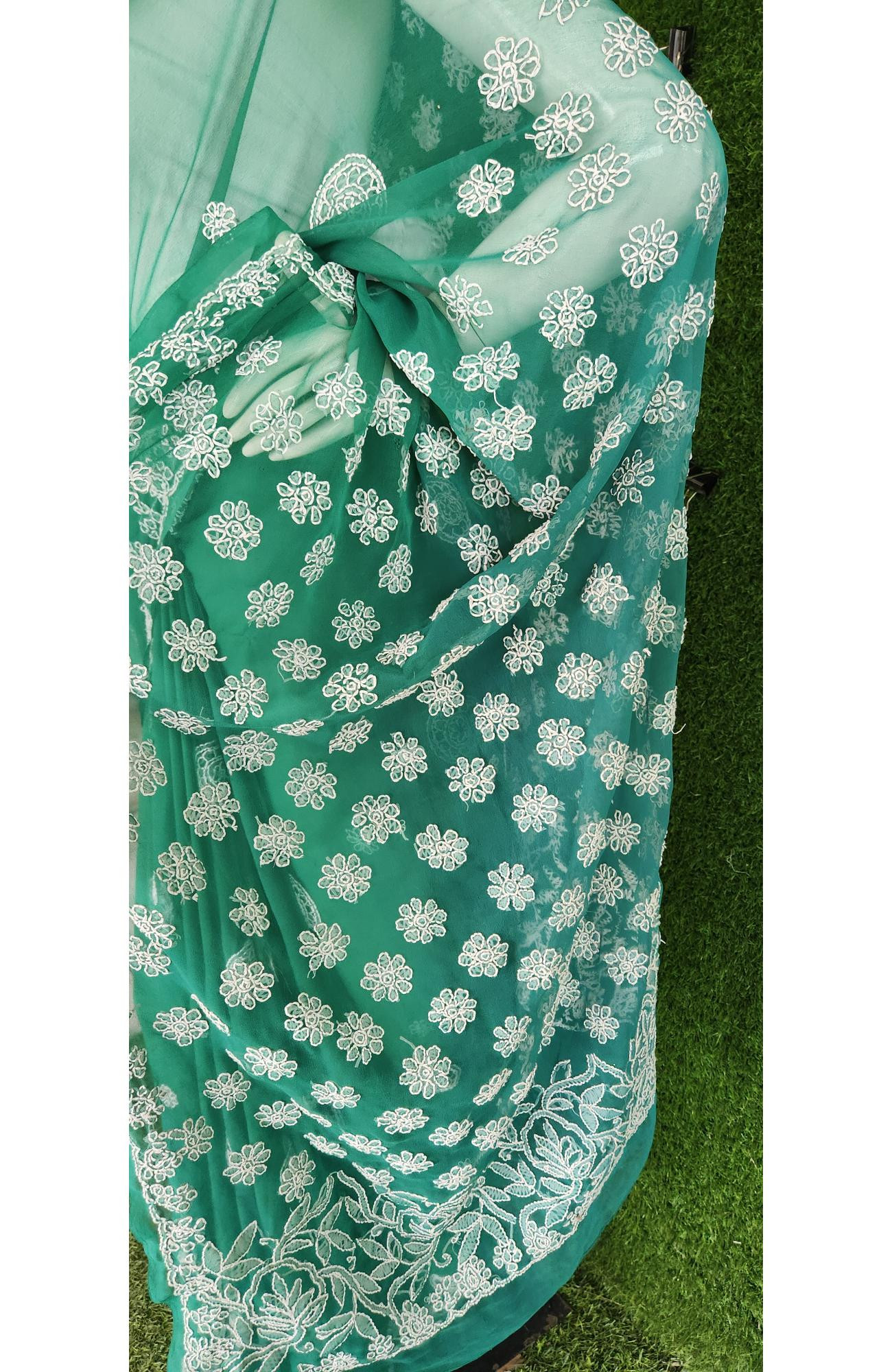 Green Faux Georgette Handcrafted Lucknowi  Chikankari Saree I  Rohia By Chhangamal