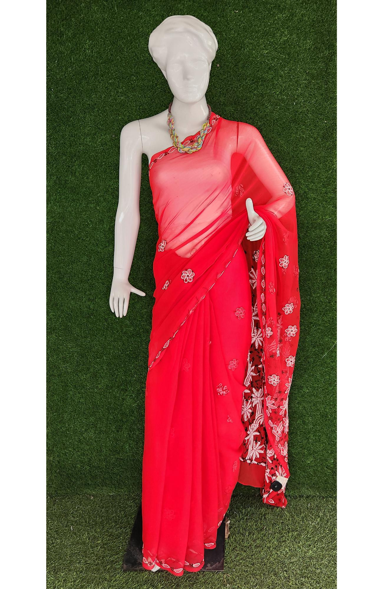 Red Faux Georgette Handcrafted Lucknowi  Chikankari Saree I Rohia By Chhangamal