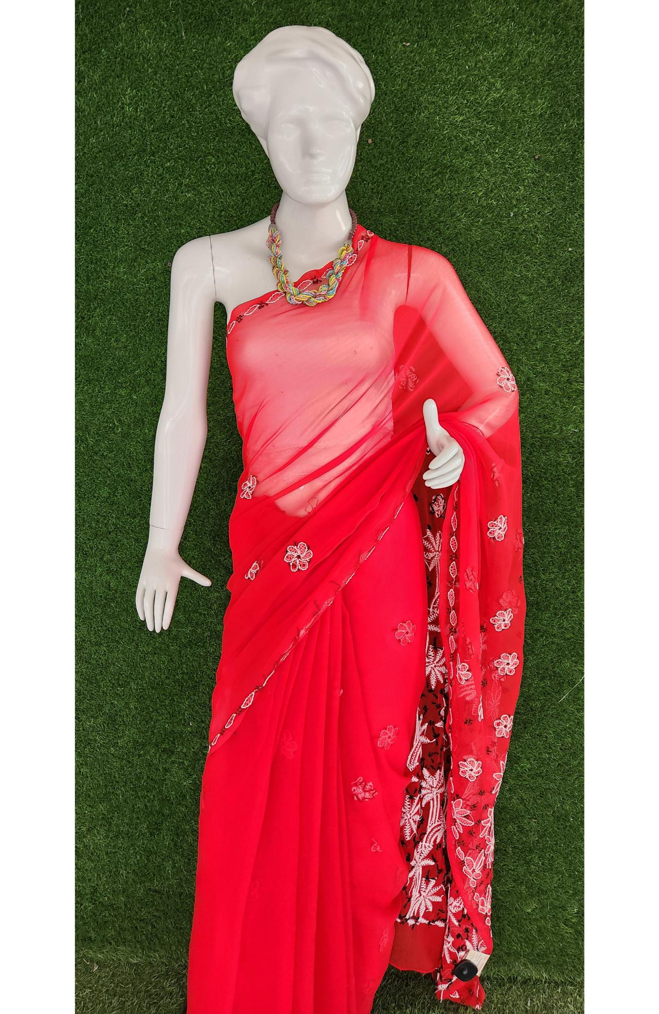 Red Faux Georgette Handcrafted Lucknowi  Chikankari Saree I Rohia By Chhangamal