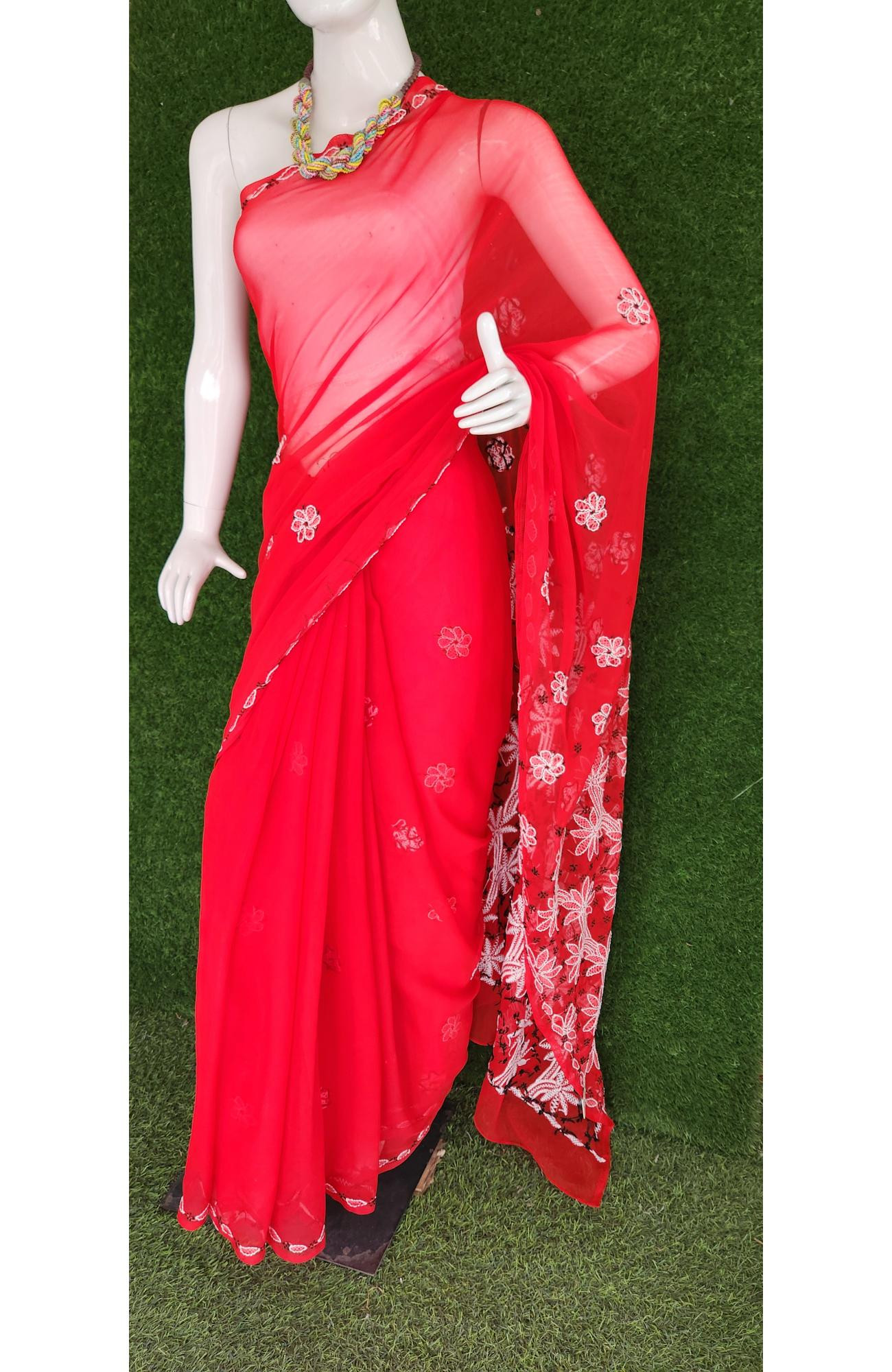 Red Faux Georgette Handcrafted Lucknowi  Chikankari Saree I Rohia By Chhangamal