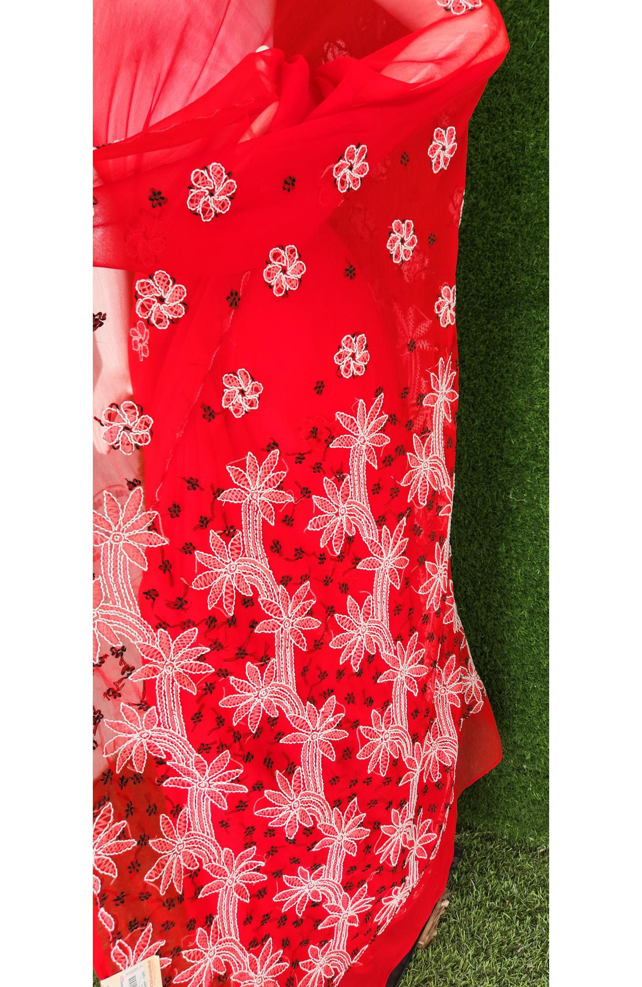 Red Faux Georgette Handcrafted Lucknowi  Chikankari Saree I Rohia By Chhangamal