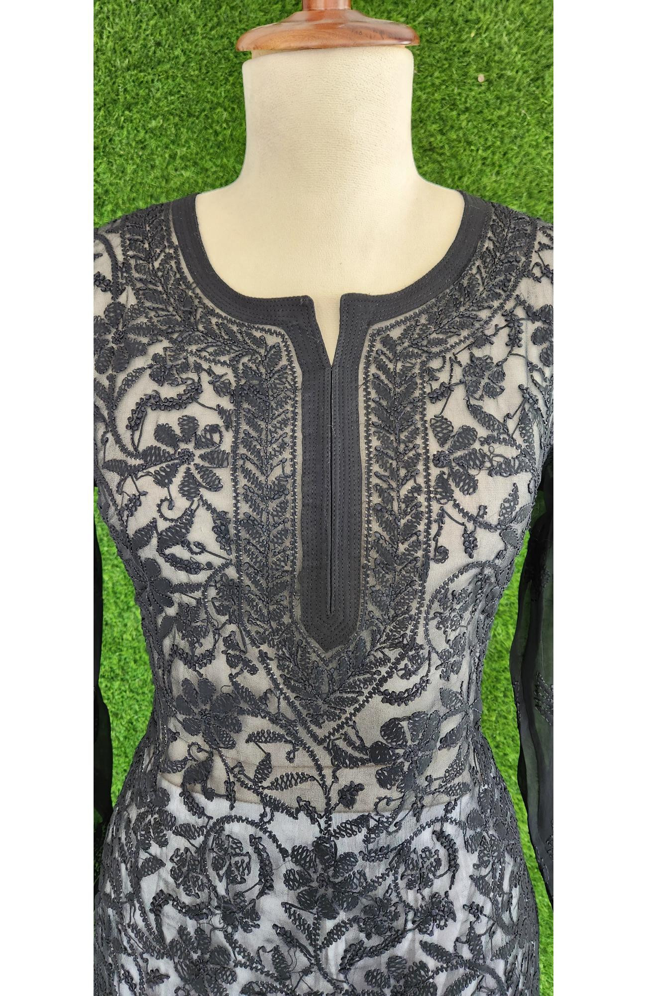 Black Faux Georgette Chikankari Kurti