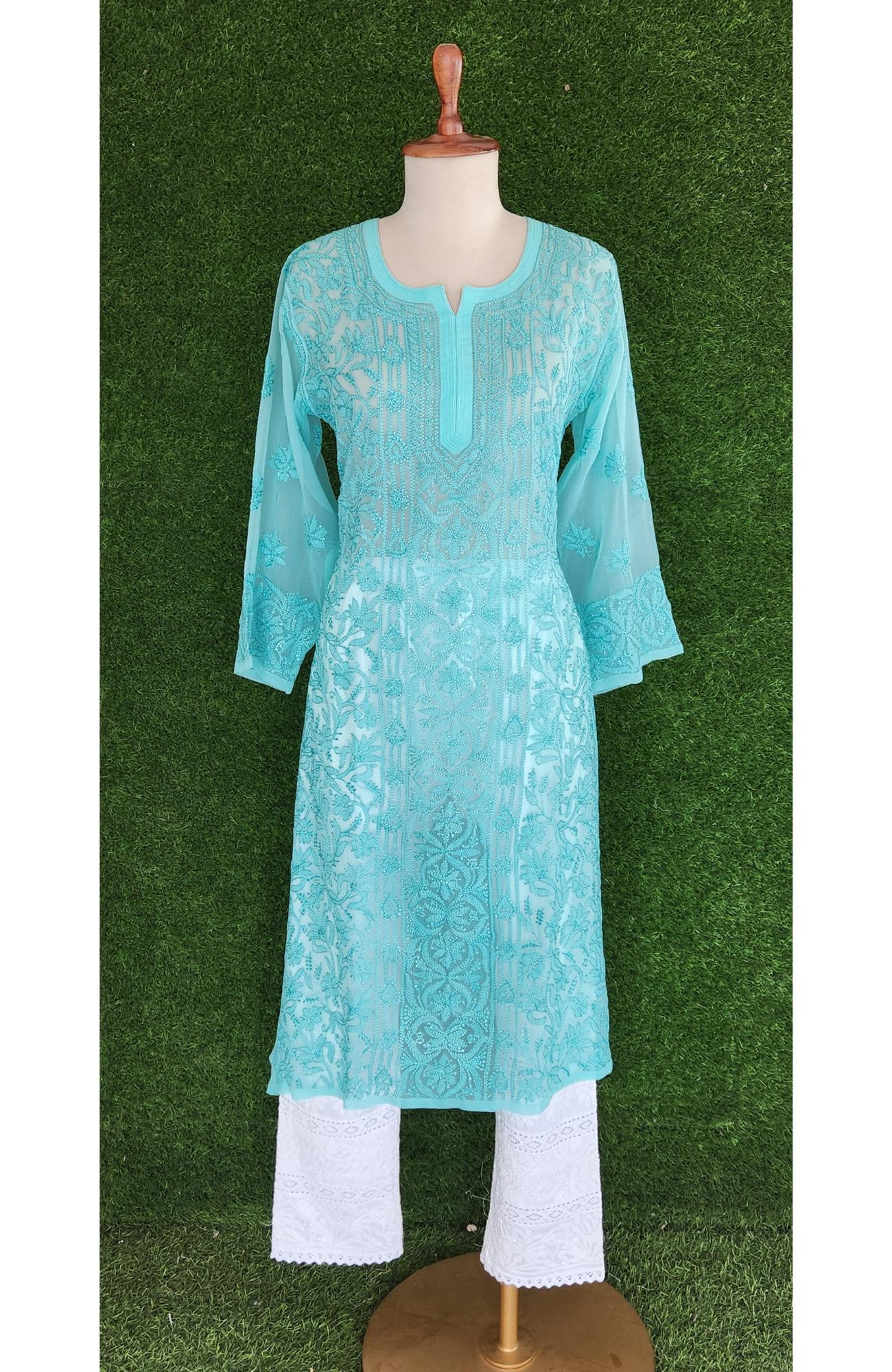Sea Green Faux Georgette Chikankari Kurti