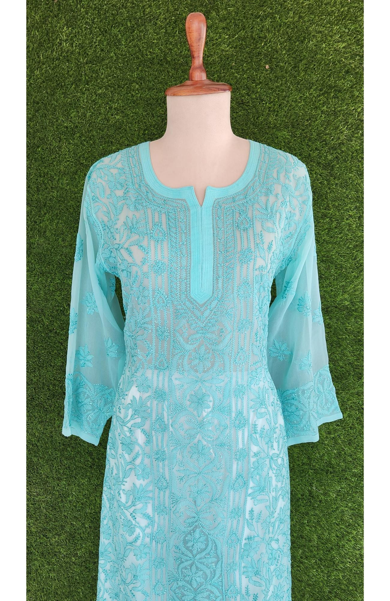 Sea Green Faux Georgette Chikankari Kurti