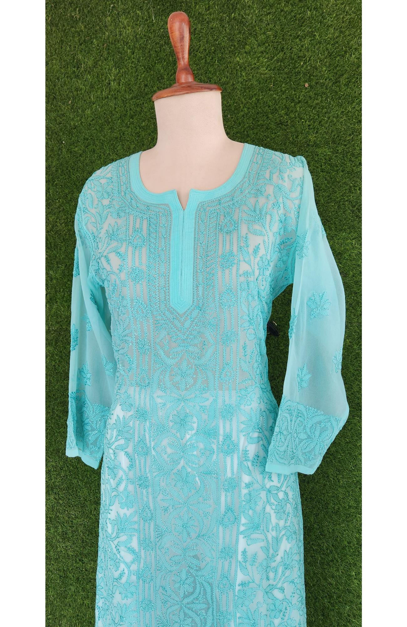 Sea Green Faux Georgette Chikankari Kurti