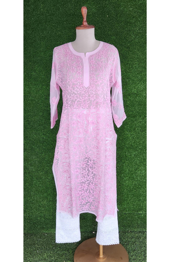Image of Pink Faux Georgette Chikankari Kurti