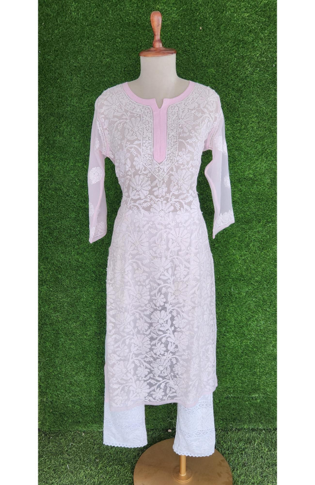 Image of Light Pink Faux Georgette Chikankari Kurti