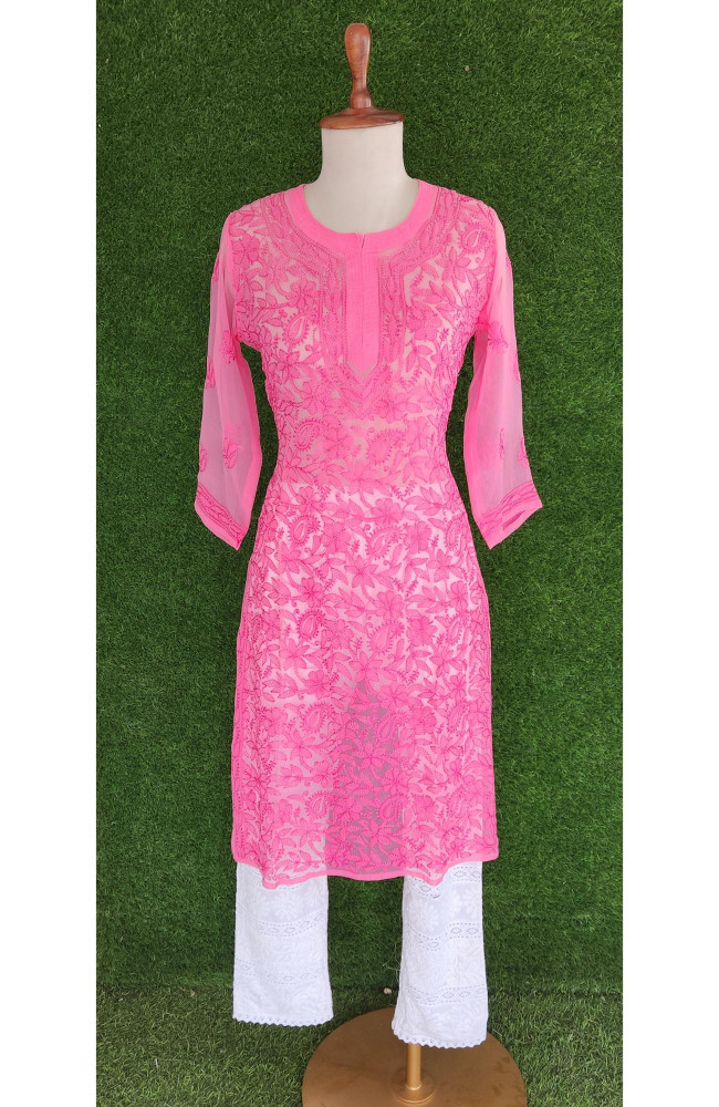 Image of Dark Pink Faux Georgette Chikankari Kurti