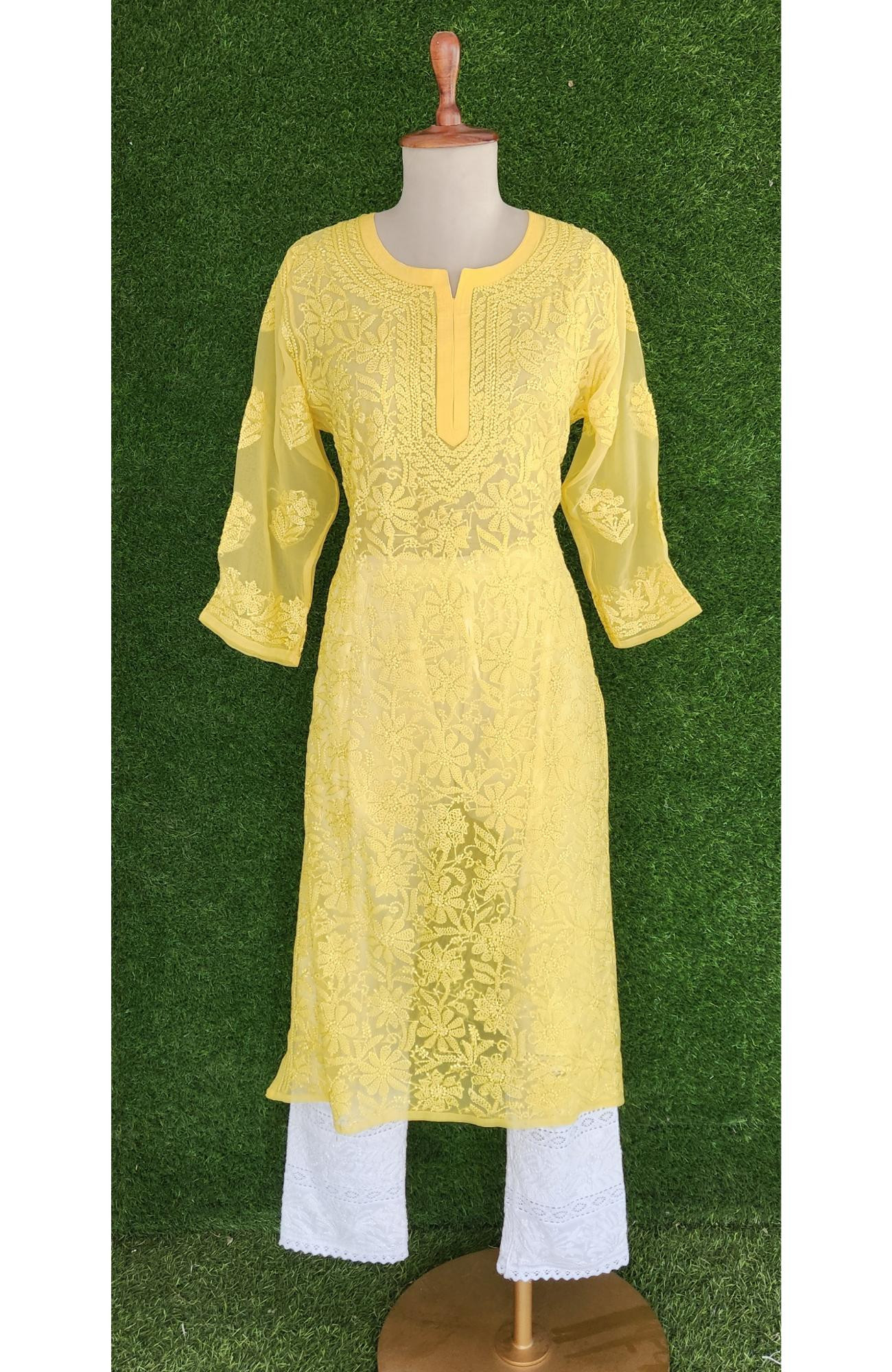 Yellow Faux Georgette Chikankari Kurti
