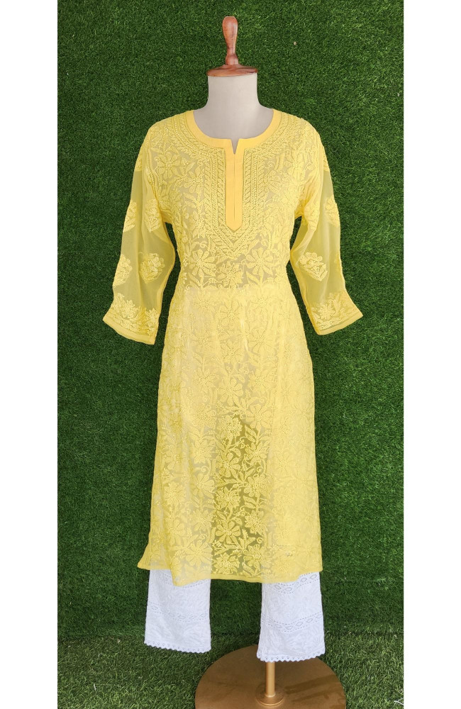 Image of Yellow Faux Georgette Chikankari Kurti