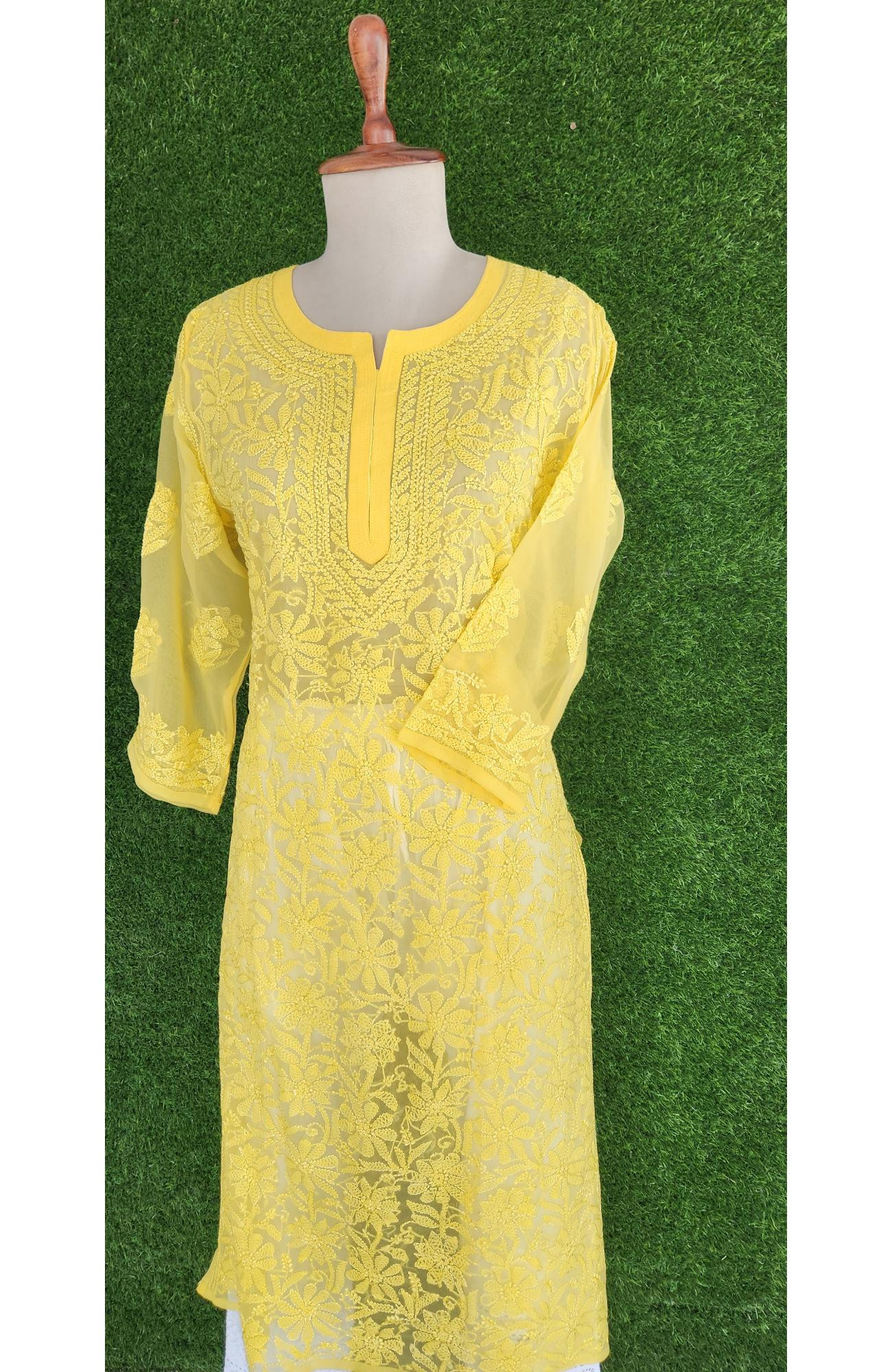 Yellow Faux Georgette Chikankari Kurti