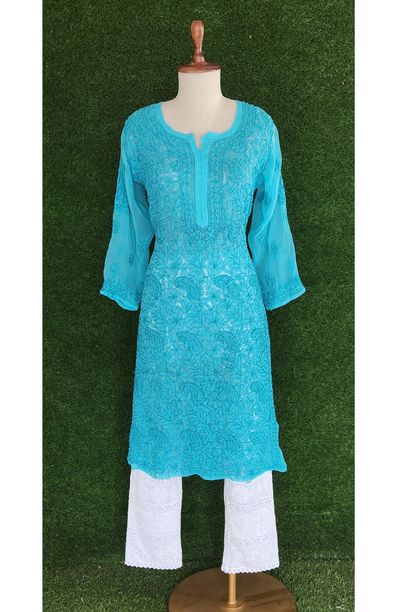 Turquoise Blue Faux Georgette Chikankari Kurti