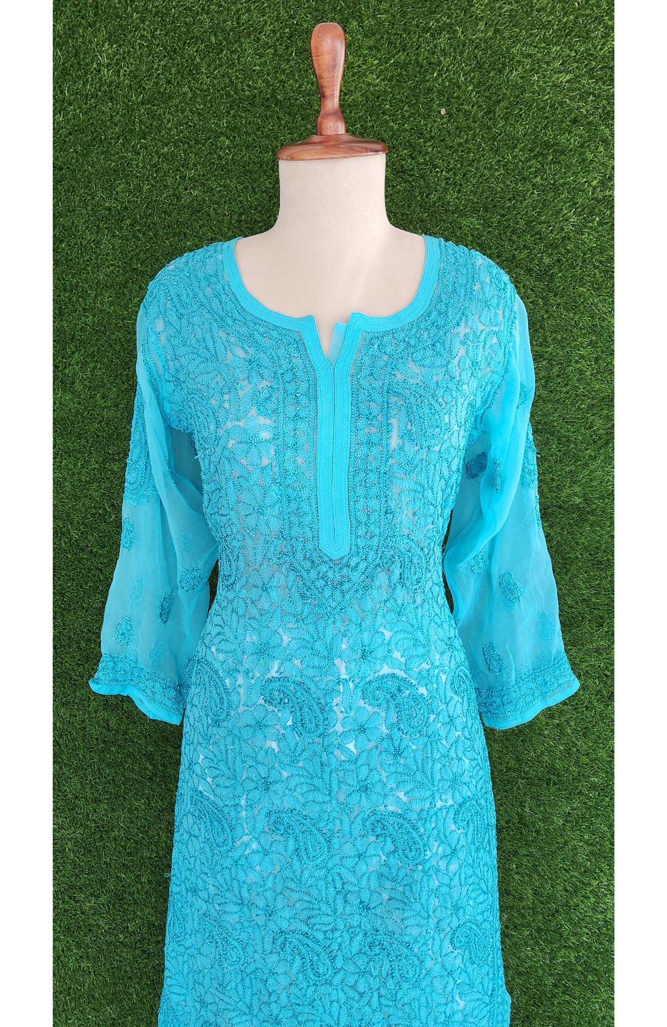 Turquoise Blue Faux Georgette Chikankari Kurti