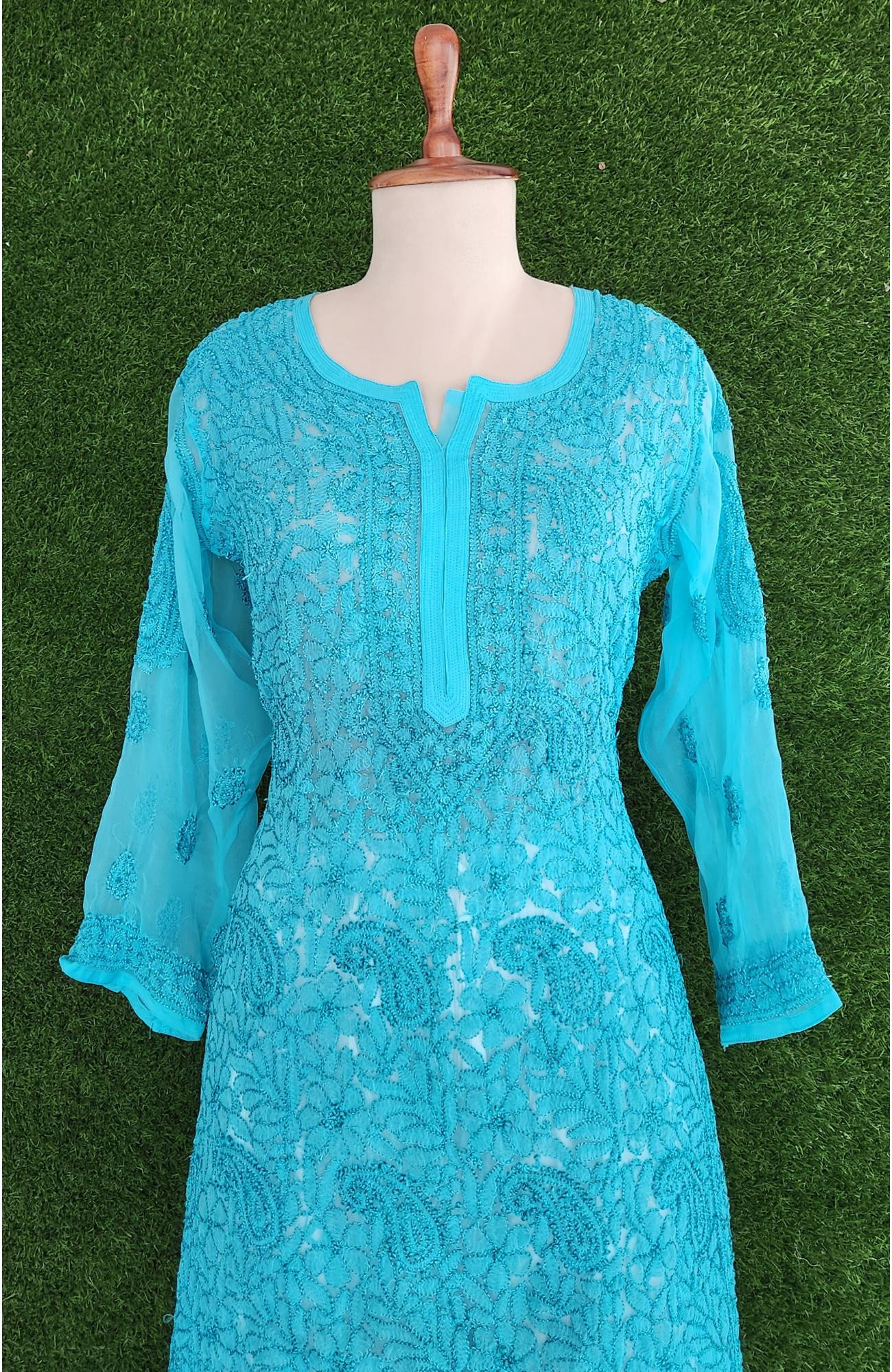 Turquoise Blue Faux Georgette Chikankari Kurti