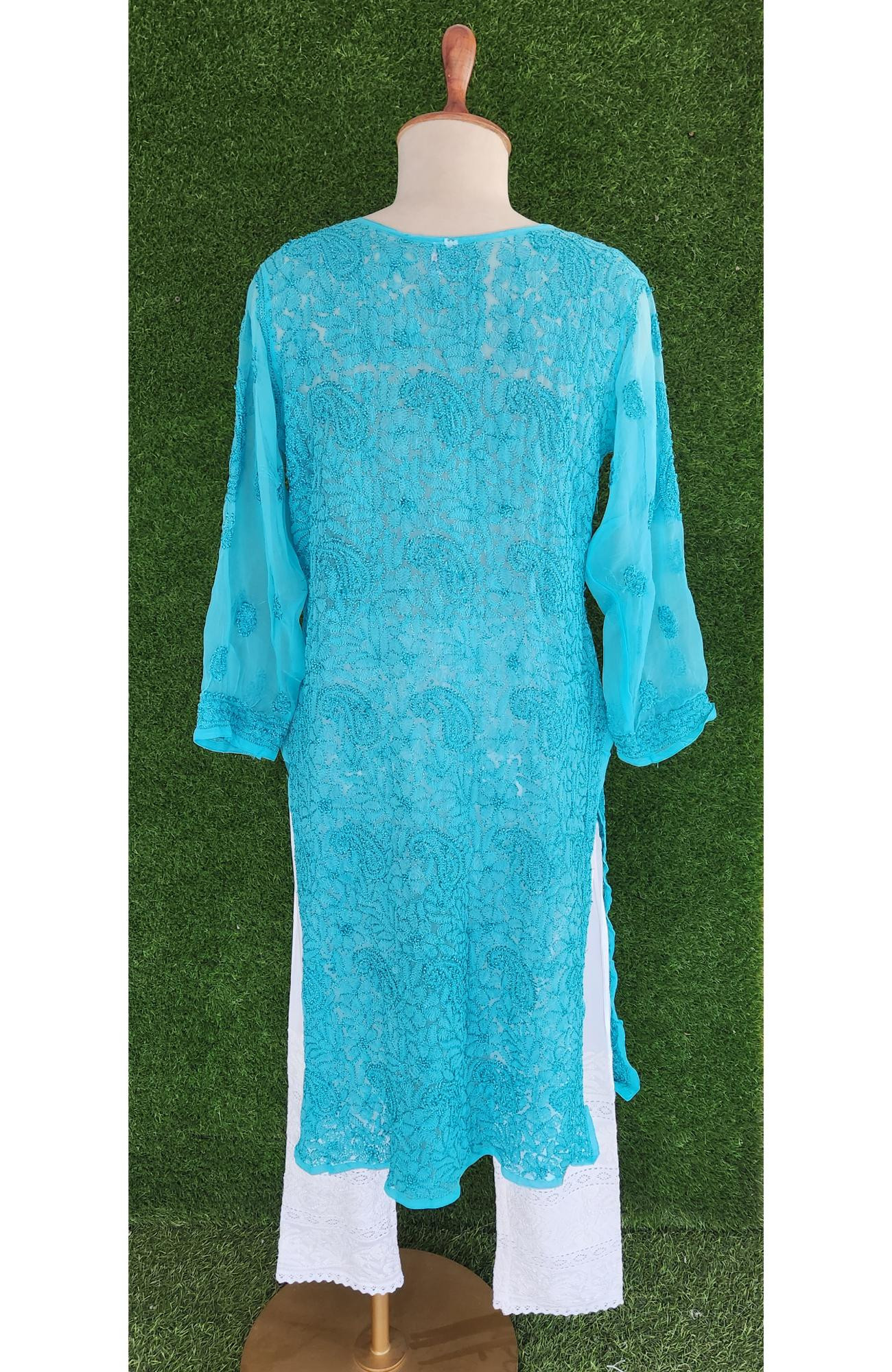 Turquoise Blue Faux Georgette Chikankari Kurti