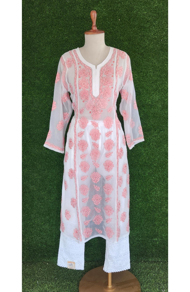 Image of Pink Faux Georgette Chikankari Kurti