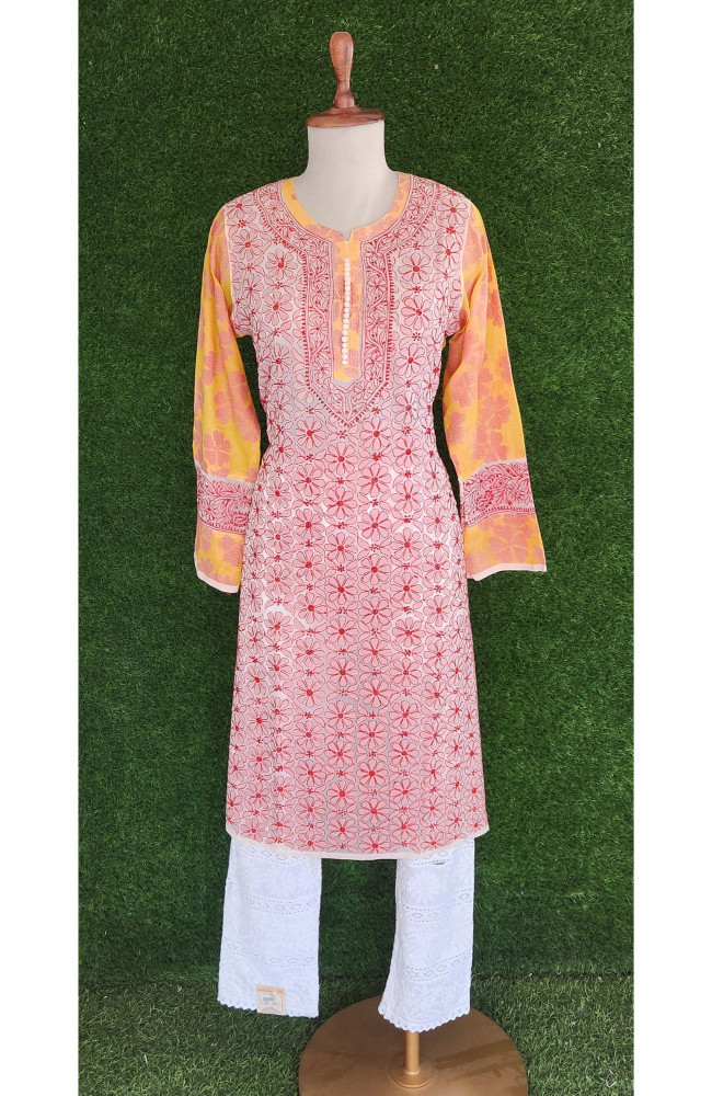 Image of Pink Lemon Faux Georgette Chikankari Kurti