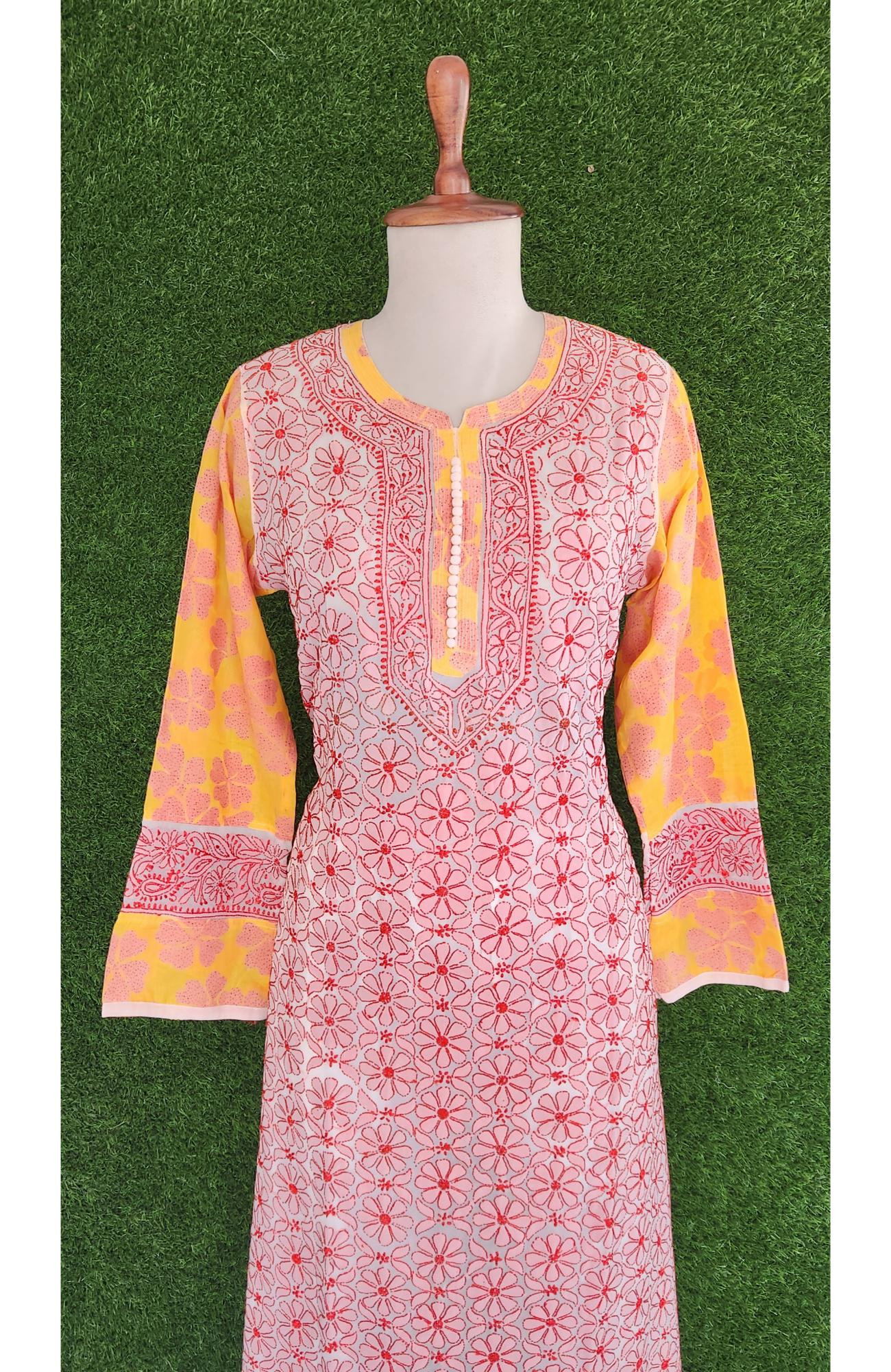 Pink Lemon Faux Georgette Chikankari Kurti
