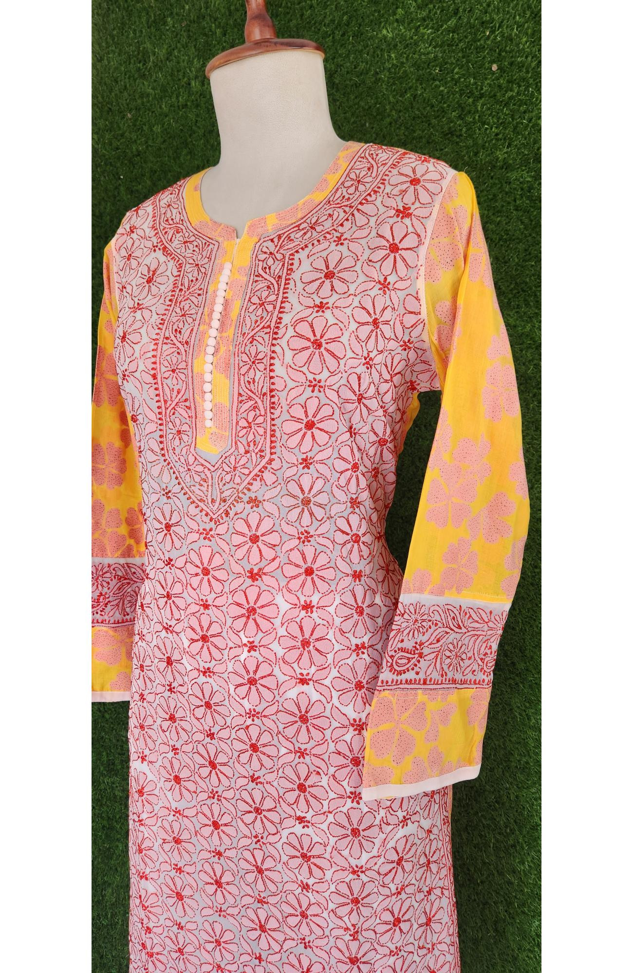 Pink Lemon Faux Georgette Chikankari Kurti