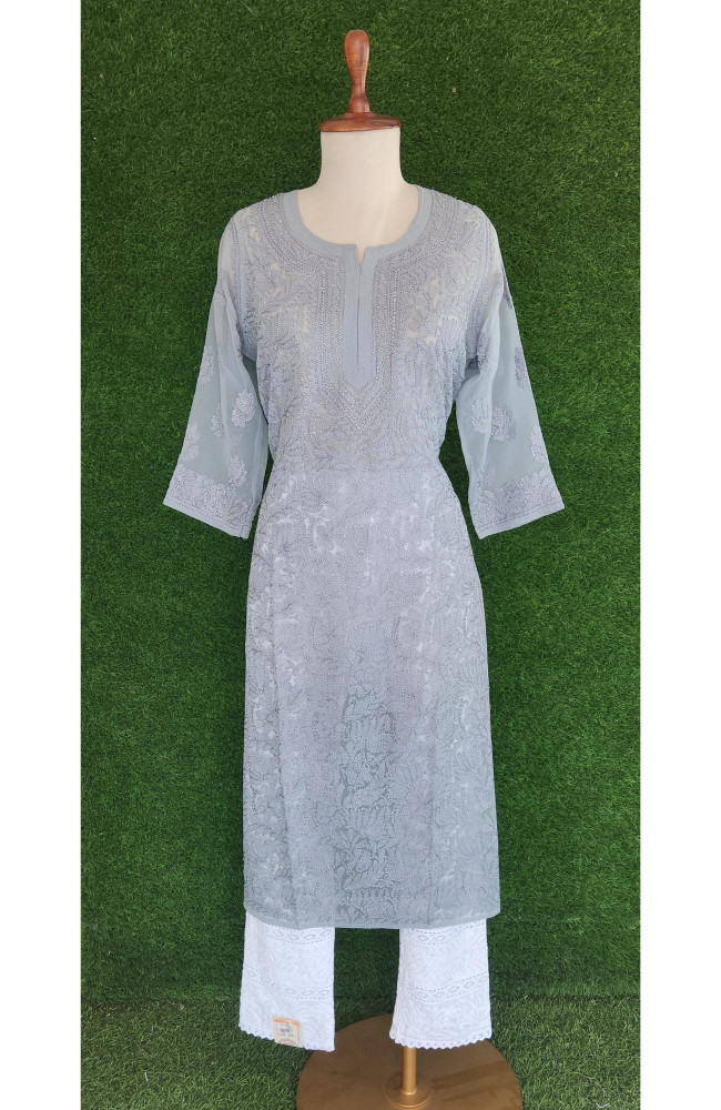 Image of Grey Faux Georgette Chikankari Kurti