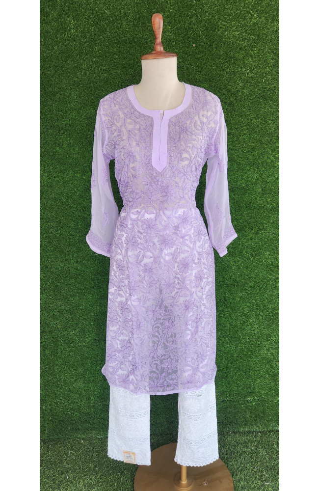 Image of Lavender Faux Georgette Chikankari Kurti