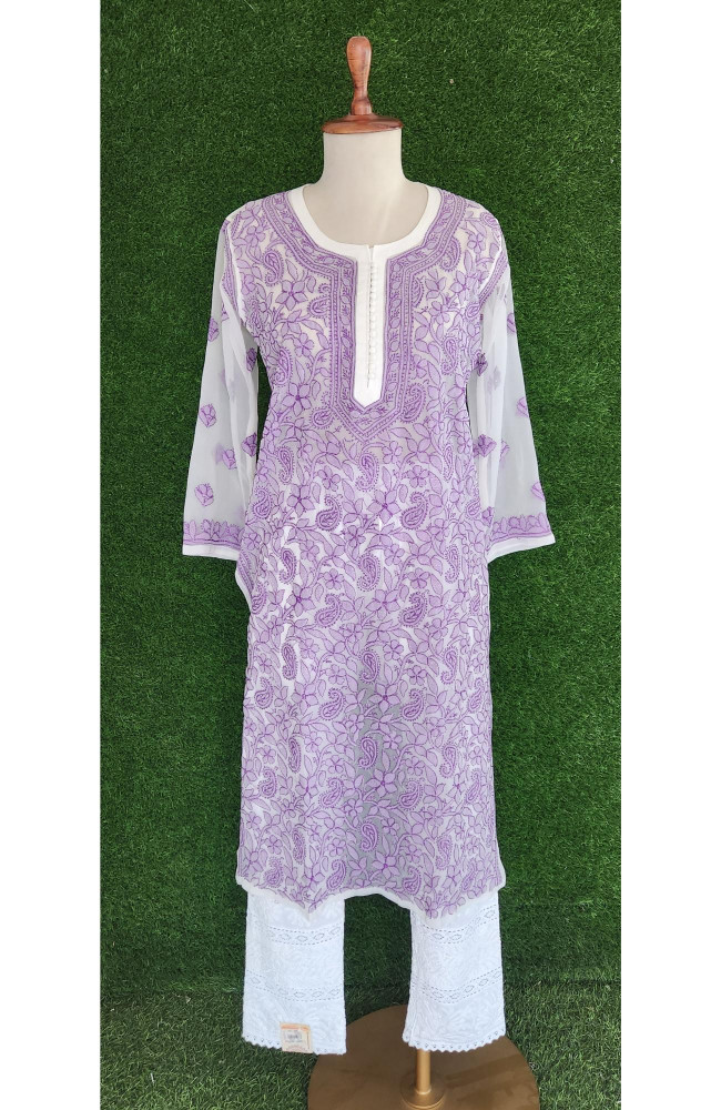 Image of White Faux Georgette Chikankari Kurti