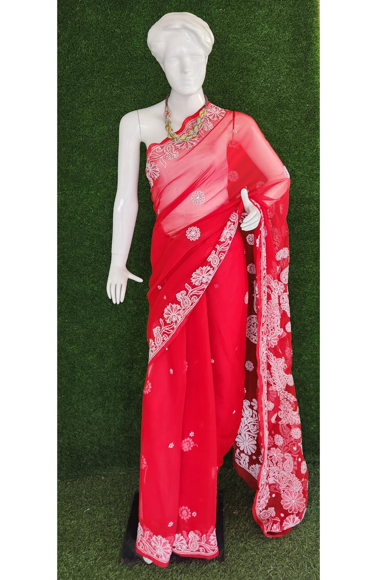 Red Faux Georgette Hand Embroidered  Chikankari Saree I Rohia By Chhangamal