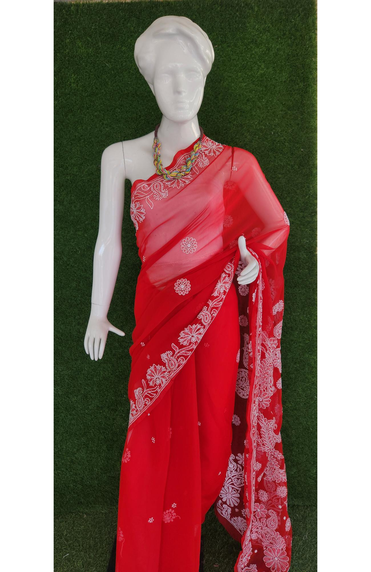 Red Faux Georgette Hand Embroidered  Chikankari Saree I Rohia By Chhangamal