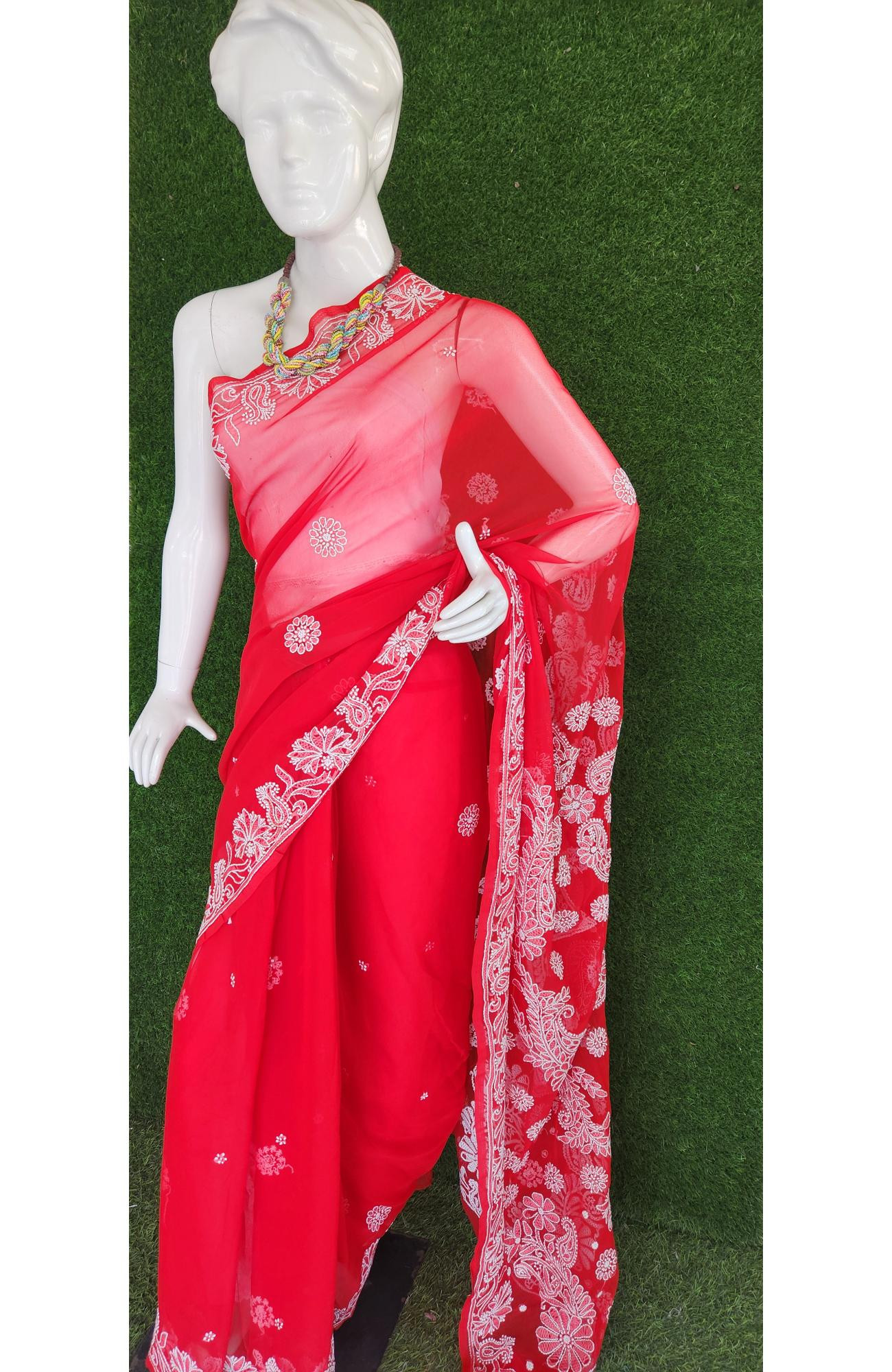 Red Faux Georgette Hand Embroidered  Chikankari Saree I Rohia By Chhangamal
