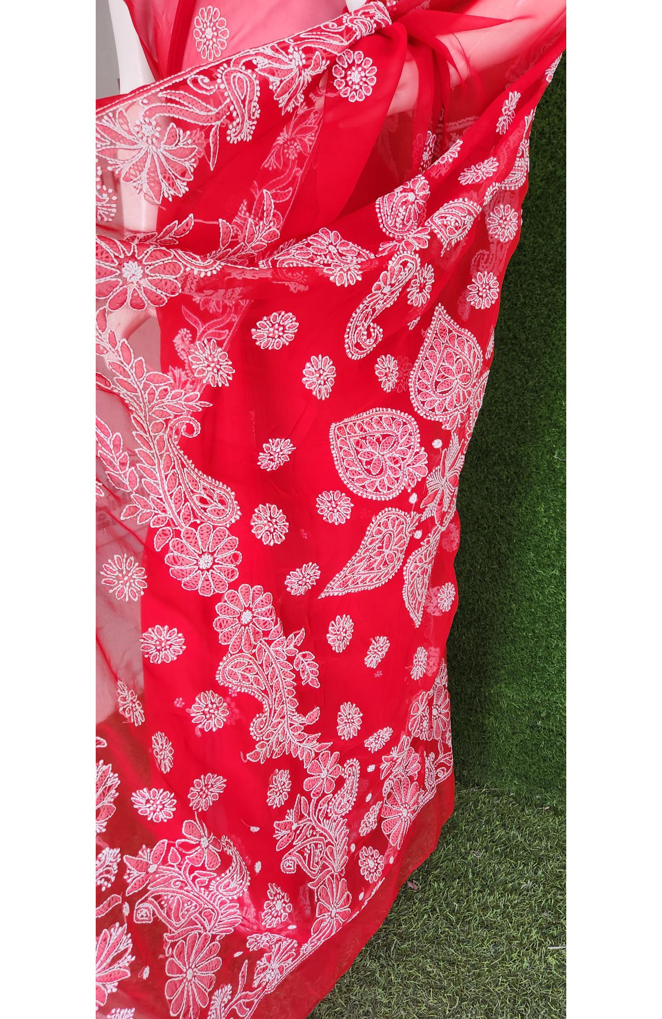 Red Faux Georgette Hand Embroidered  Chikankari Saree I Rohia By Chhangamal