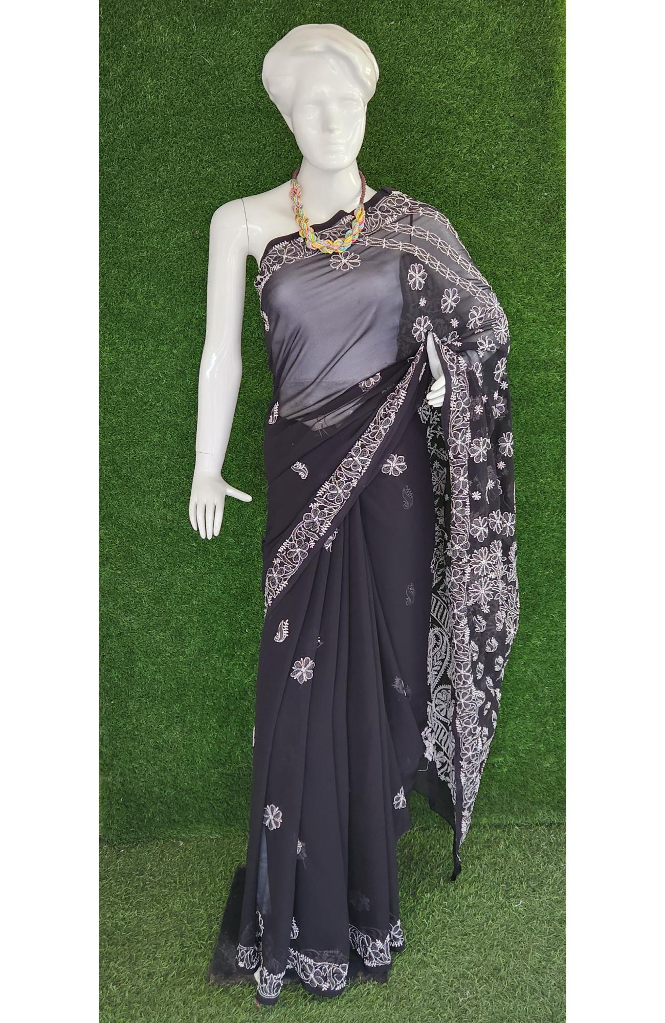 Black Faux Georgette Handcrafted Lucknowi Chikankari Saree I Rohia By Chhangamal