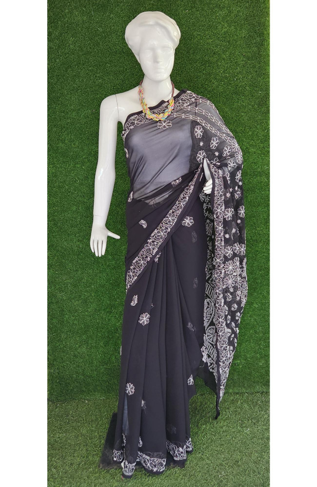 Image of Black Faux Georgette Handcrafted Lucknowi Chikankari Saree I Rohia By Chhangamal
