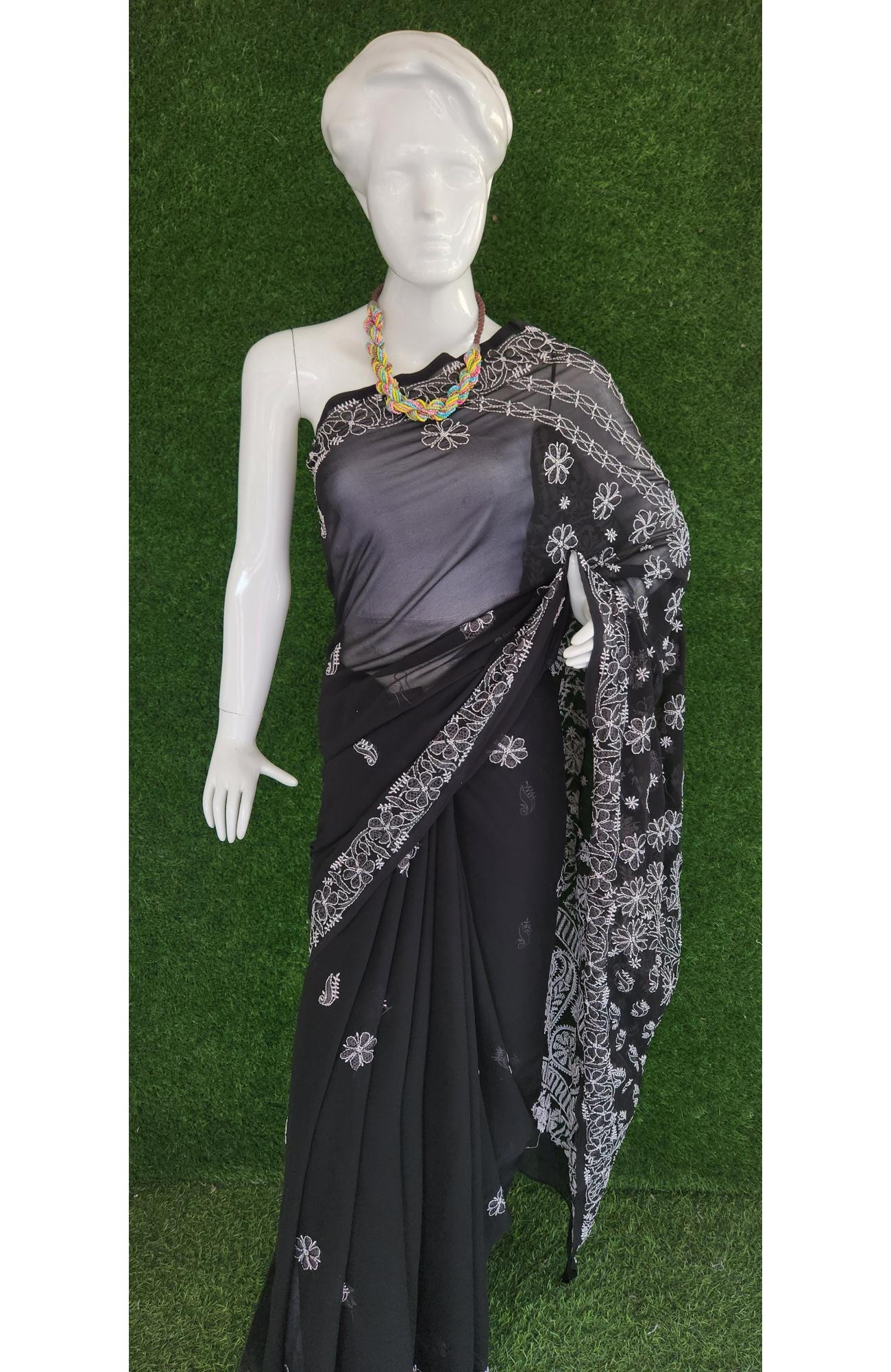 Black Faux Georgette Handcrafted Lucknowi Chikankari Saree I Rohia By Chhangamal