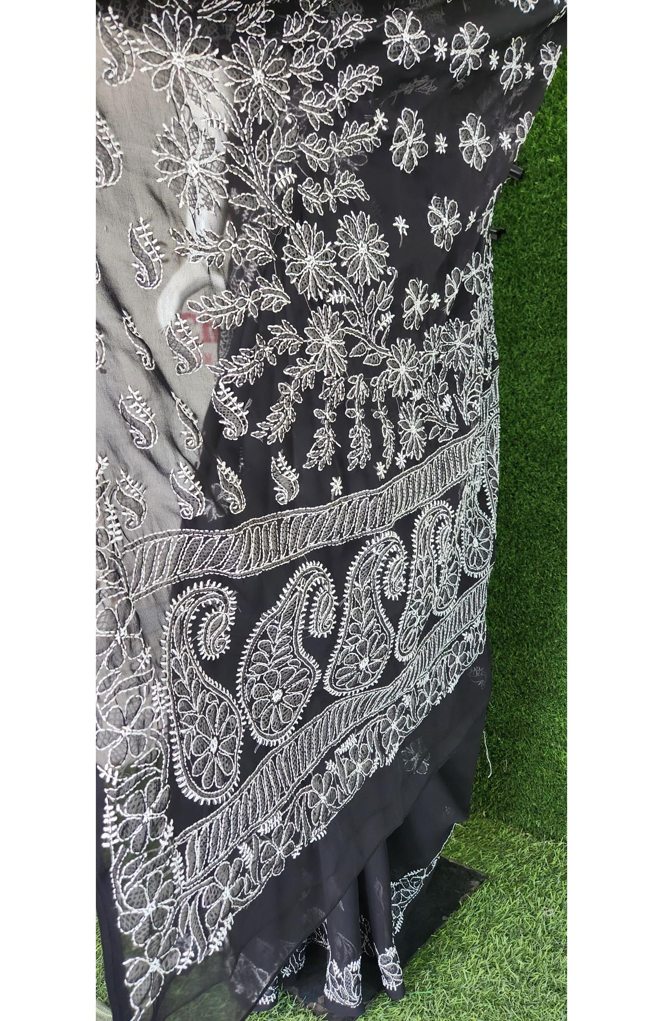 Black Faux Georgette Handcrafted Lucknowi Chikankari Saree I Rohia By Chhangamal