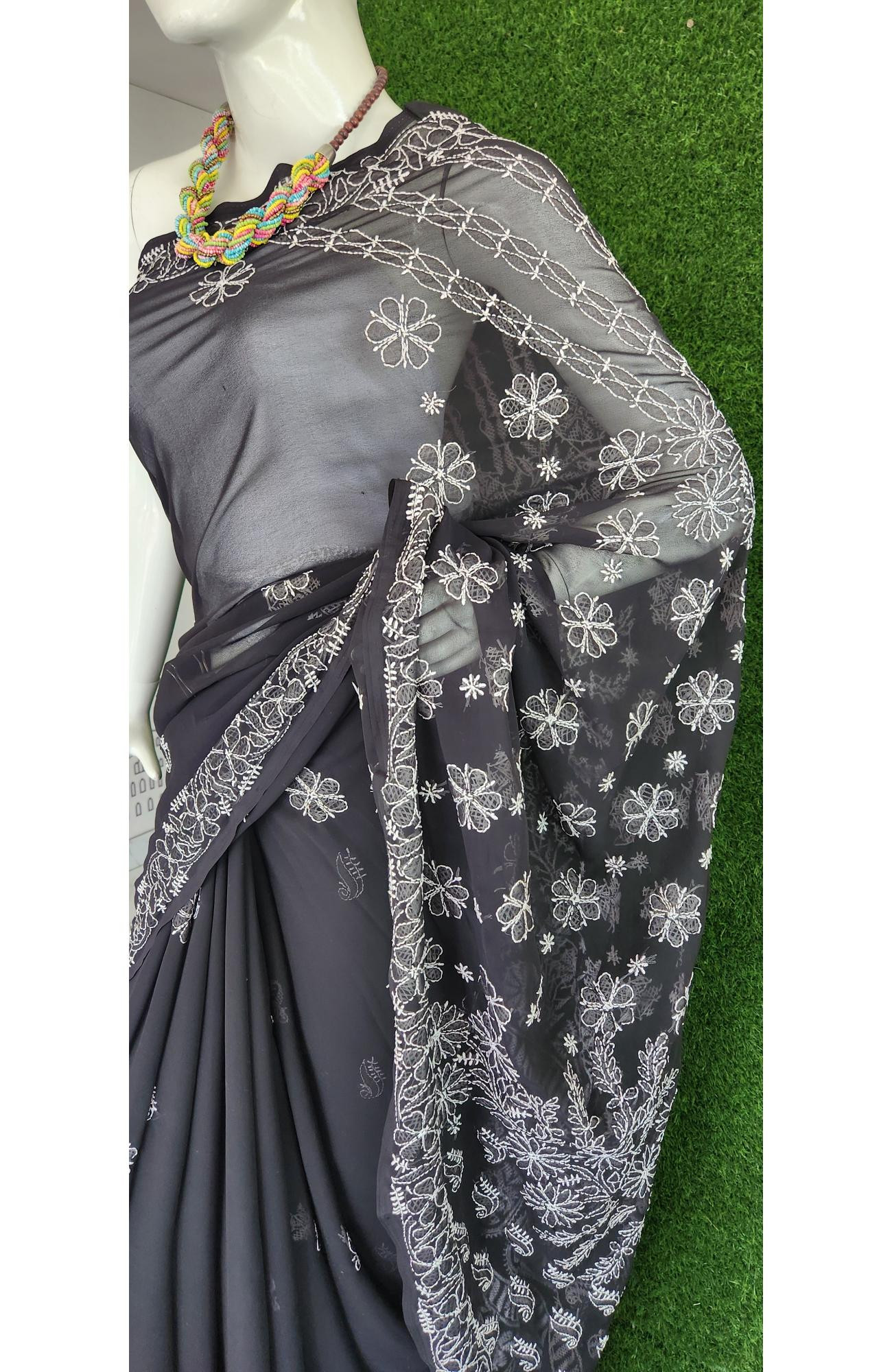 Black Faux Georgette Handcrafted Lucknowi Chikankari Saree I Rohia By Chhangamal