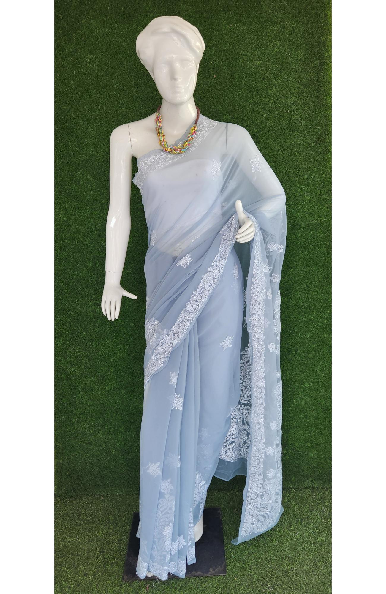 Grey Faux Georgette Handcrafted Lucknowi Chikankari Saree I Rohia By Chhangamal