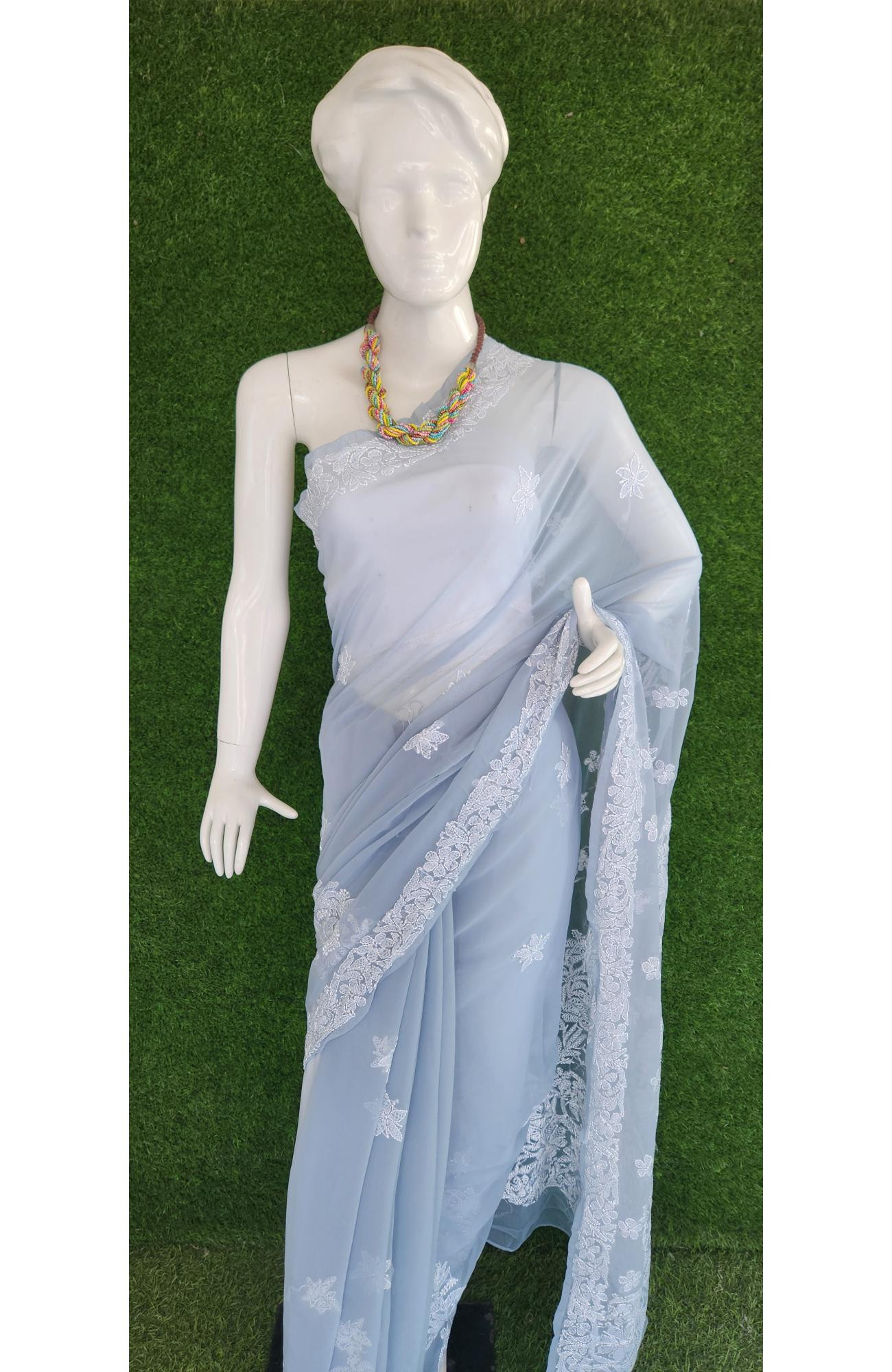Grey Faux Georgette Handcrafted Lucknowi Chikankari Saree I Rohia By Chhangamal