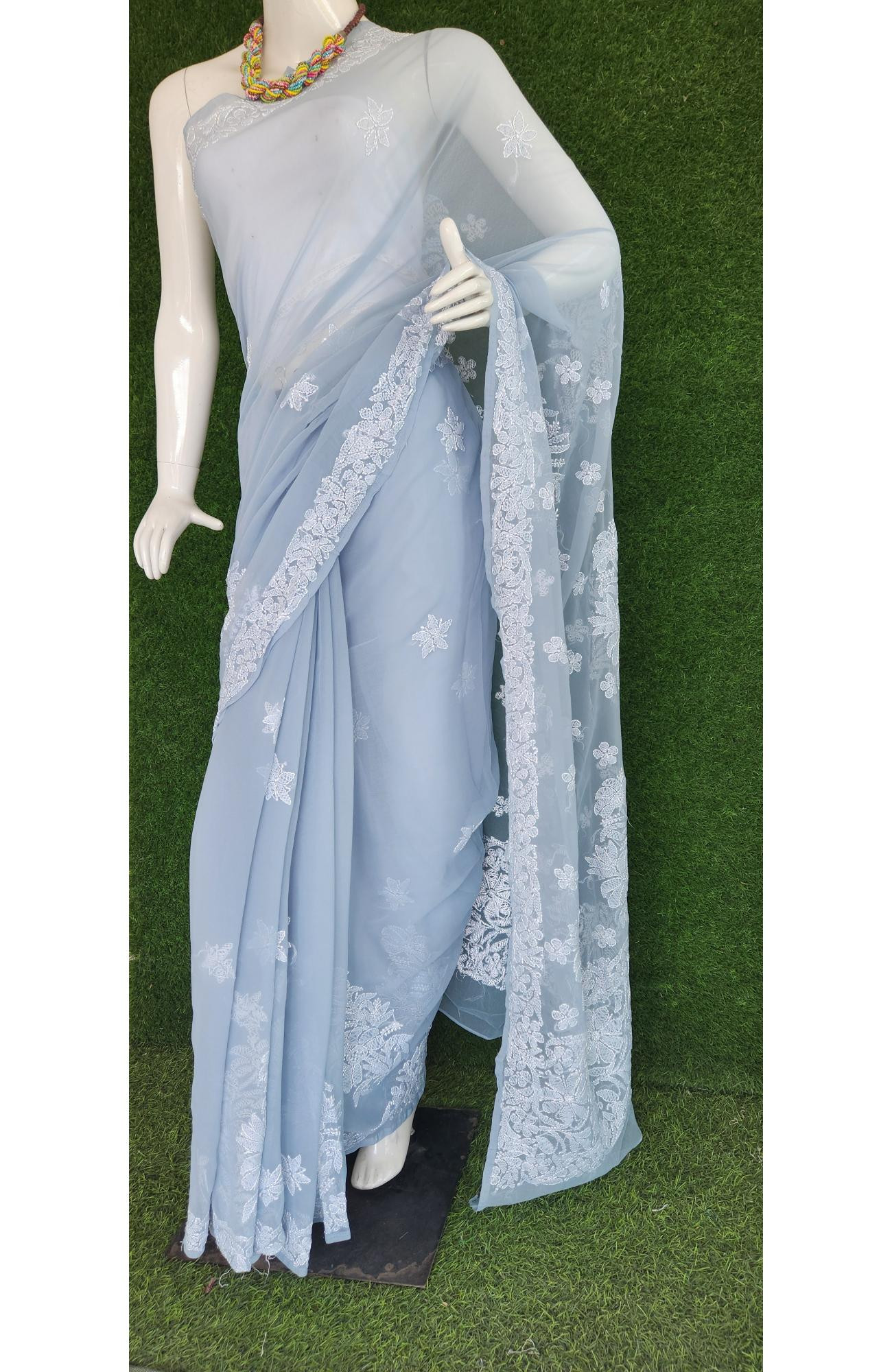Grey Faux Georgette Handcrafted Lucknowi Chikankari Saree I Rohia By Chhangamal