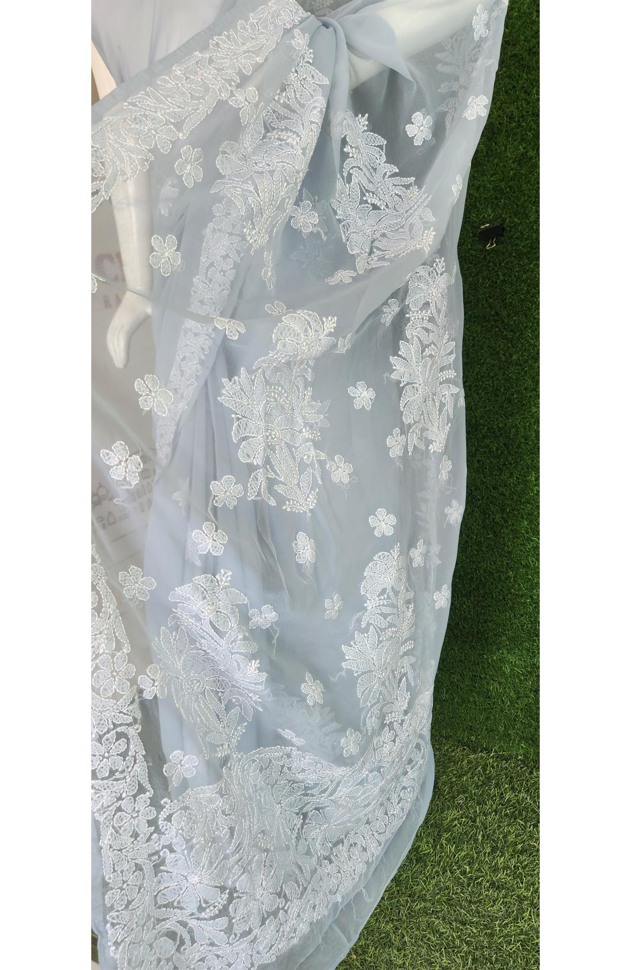 Grey Faux Georgette Handcrafted Lucknowi Chikankari Saree I Rohia By Chhangamal
